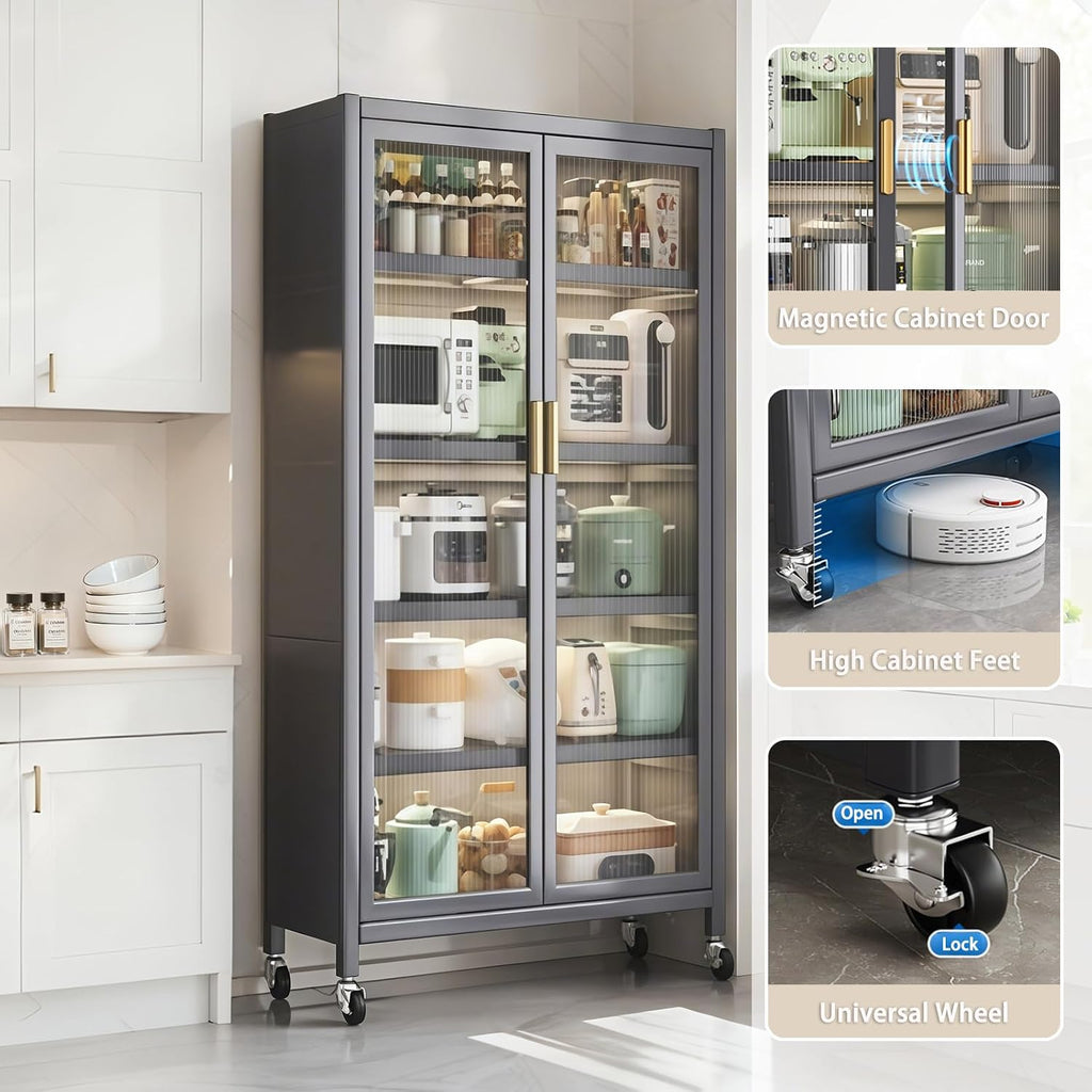 65' Kitchen Pantry Storage Cabinet, 6 Tier Metal Display Storage Cabinet with Transparent Door, Adjustable Shelves & Wheels, Food Pantries Cabinets, for Kitchen, Living Room