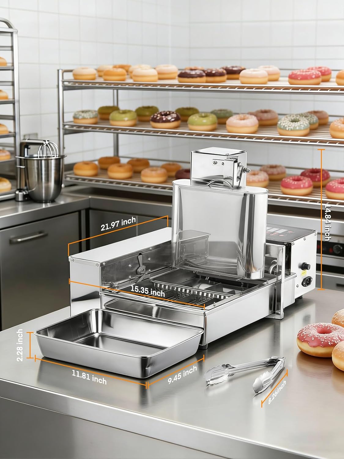 FOHERE Commercial Automatic Donut Maker Machine, 1750W 4-Row Mini Donut Fryer, 3L Hopper with Intelligent Control, 250PCS/H High Capacity, Stainless Steel for Bakeries, Cafes & Dessert Shops (Silver)