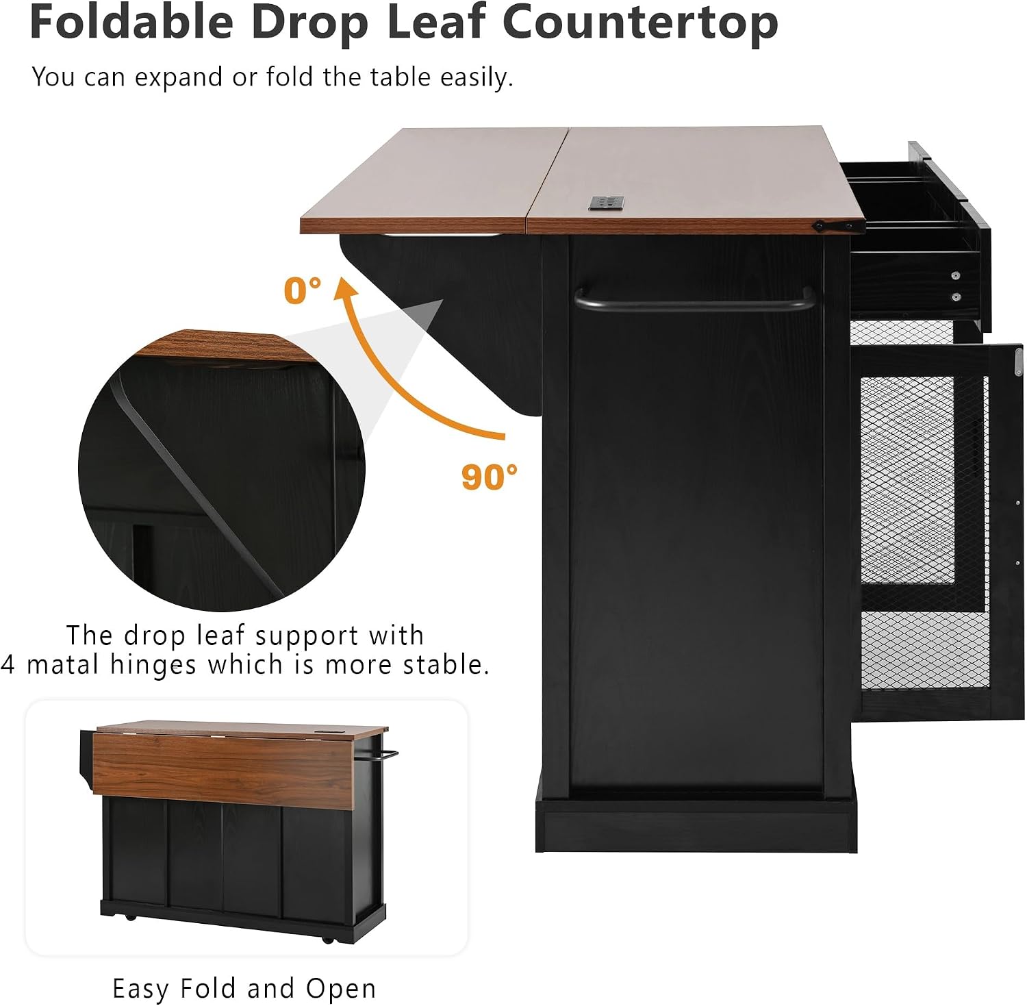 Large Farmhouse Kitchen Island with Drop Leaf, Power Outlet, Sliding Barn Doors and Metal Grid Side Door, 58' Rustic Storage Island Glass Holders for Dining Room