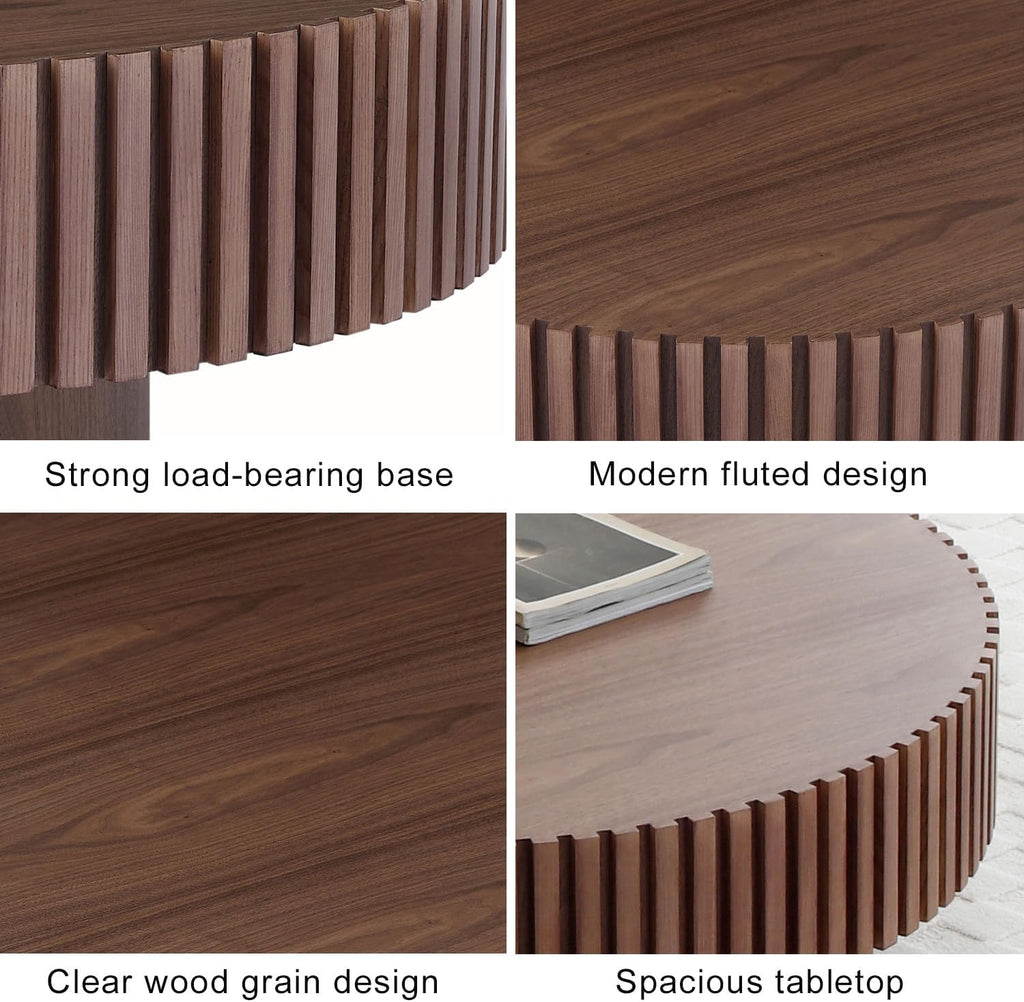 31' Round Coffee Table for Living Room, Mid Century Modern Coffee Table with Sturdy Pedestal, Circle Center Table Accent Tea Table for Apartment Walnut