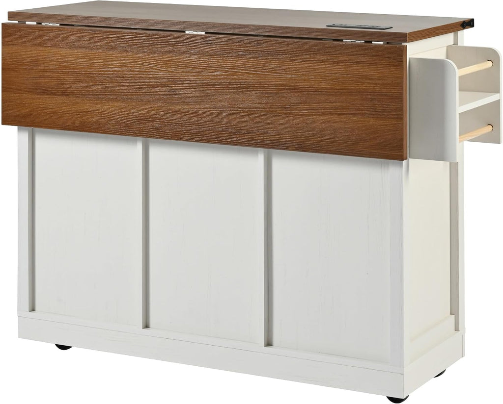 Bellemave 53.7' Farmhouse Kitchen Island cart with Charging Station, Rolling Kitchen Island Table with Drop-Leaf, 3 Drawers, Barn Doors, Large, White