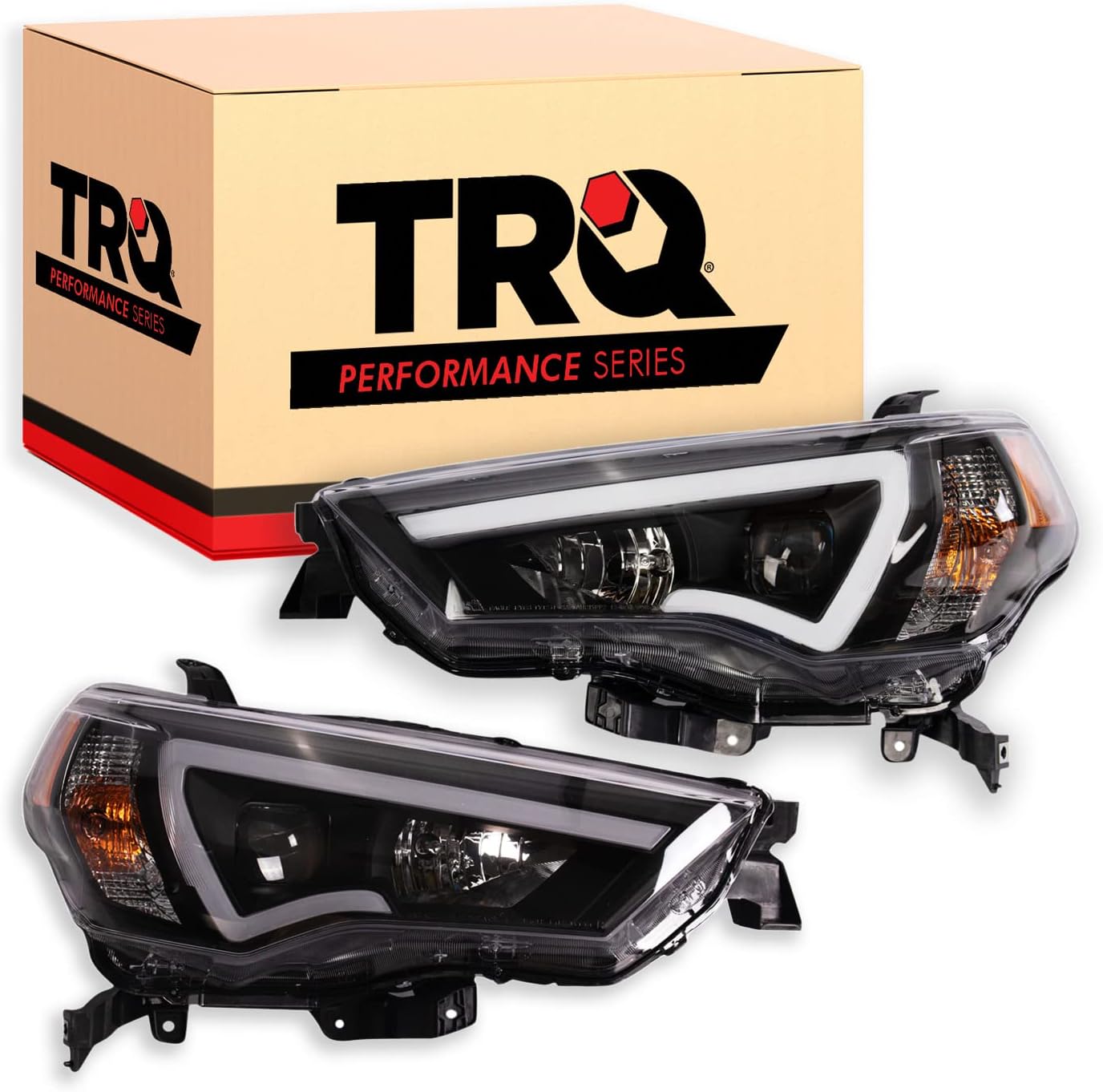 TRQ Performance Driver and Passenger Side Headlight Assembly Set Black Housing Compatible with 14-20 Toyota 4Runner