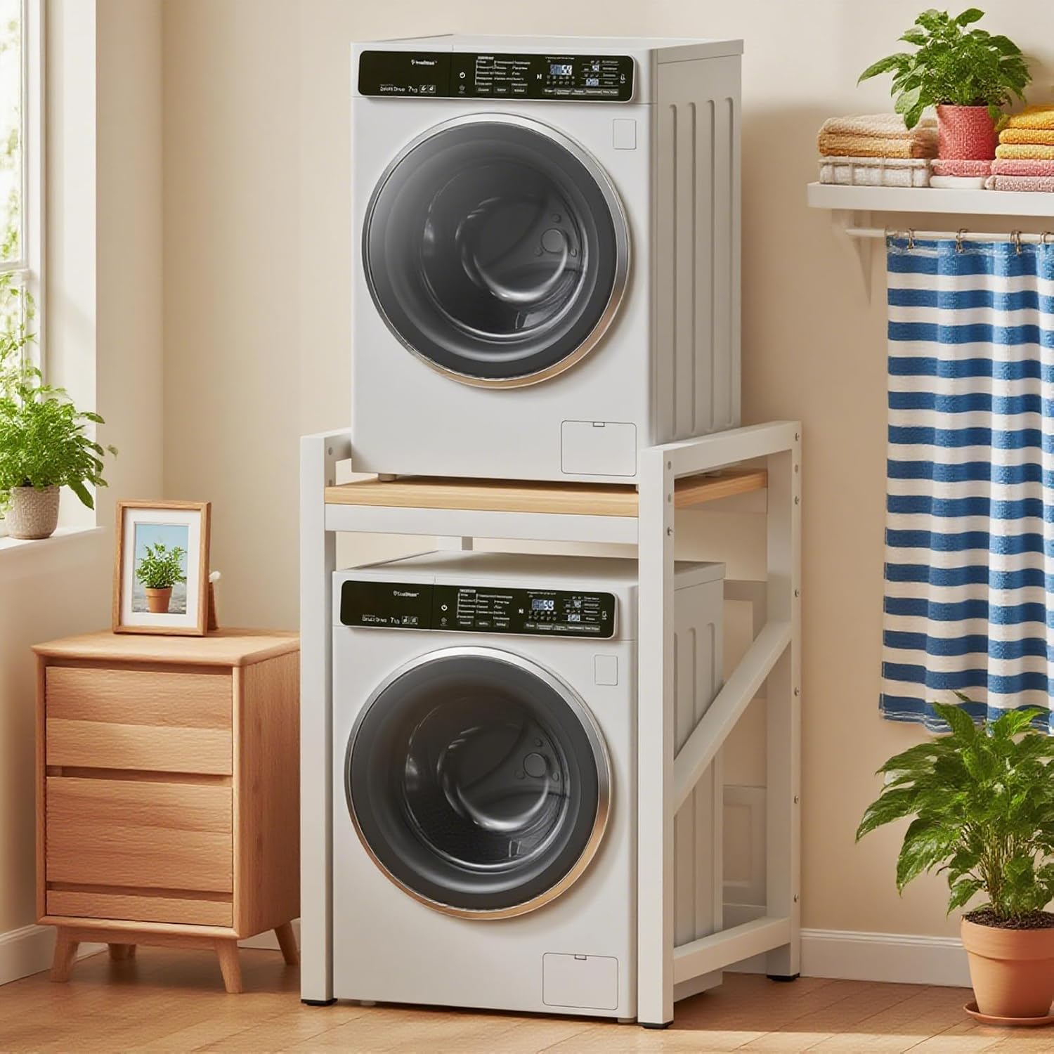 Over The Washer and Dryer Storage Shelf, Widen & 3 Height Adjustable Stacking Rack, Space Saver Washer Dryer Stacking Kit, Thicker Metal Washer Shelf for within 29.5' width (White, 29.5 Inch)