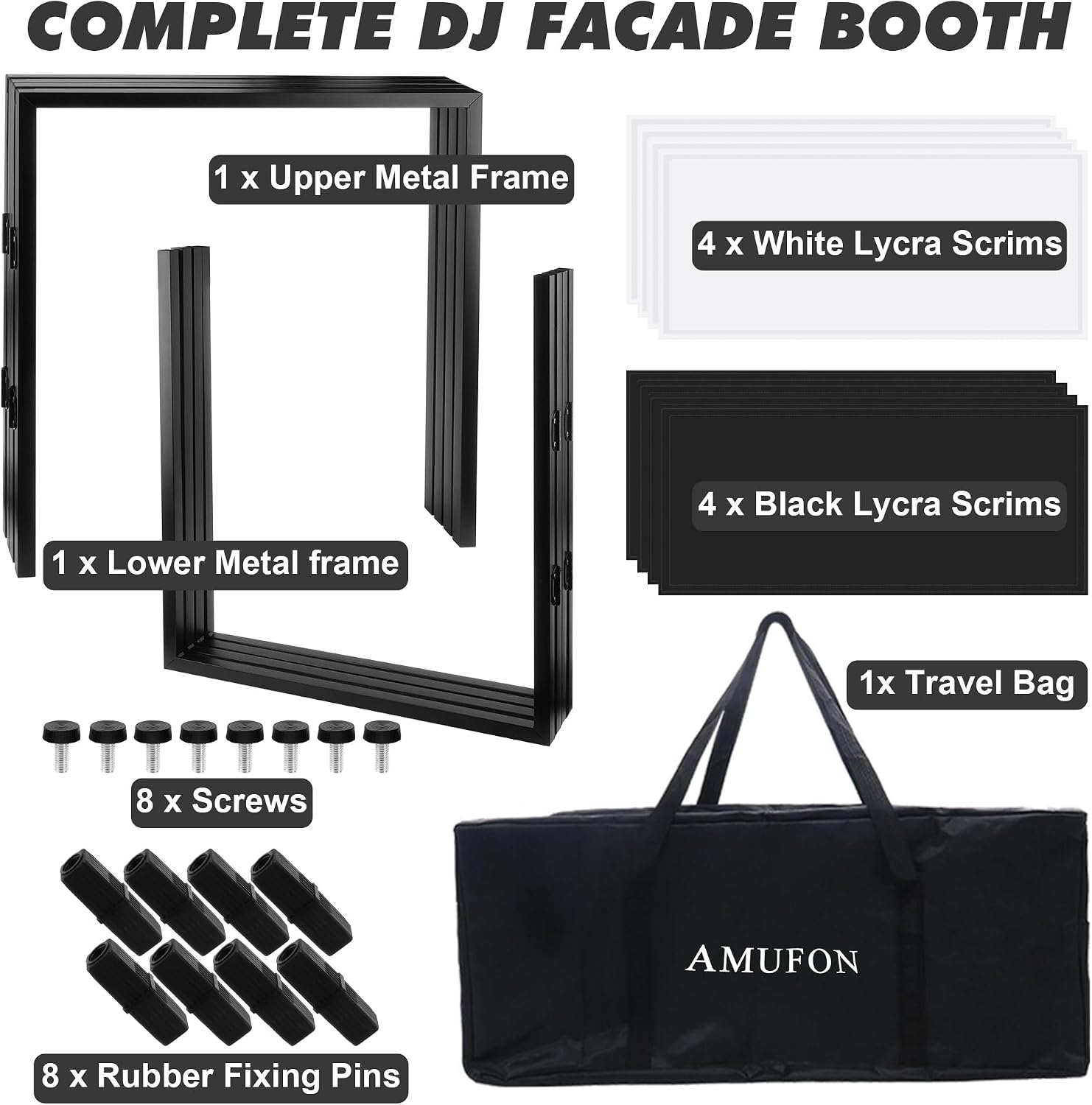 DJ Facade Booth, DJ Stand Portable Event Cover Screen with Foldable 4 Detachable Metal Frame Light Projector Display Scrim Panel Stand with Carry Bag for Party,Show,Gathering(White and Black)