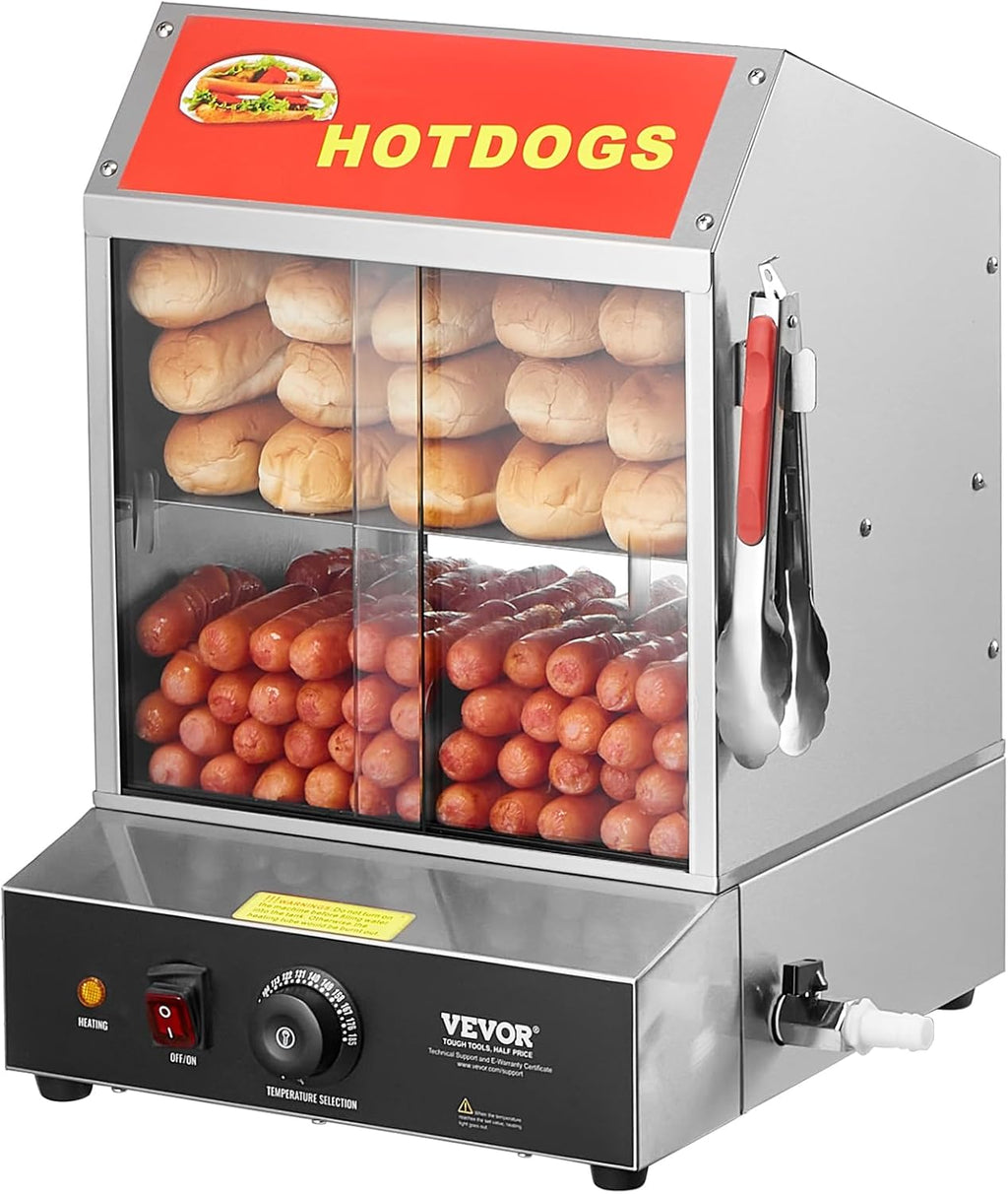 VEVOR Hot Dog Steamer, 28.5QT, 2-Tier Hot Dog Hut Steamer, 86℉~185℉ Temperature Control, Electric Bun Warmer with Tempered Glass Slide Doors Partition Plate Tong, Stainless Steel, for Hot Dogs & Buns