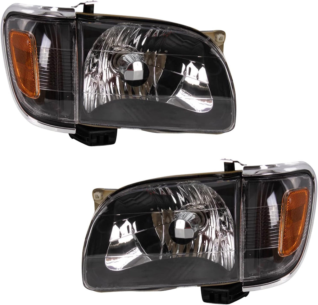 TRQ 2 Piece Headlight Assembly Set Halogen Black Bezel Driver & Passenger Side Compatible with Toyota Tacoma 2001-2004 TO2502136 TO2503136