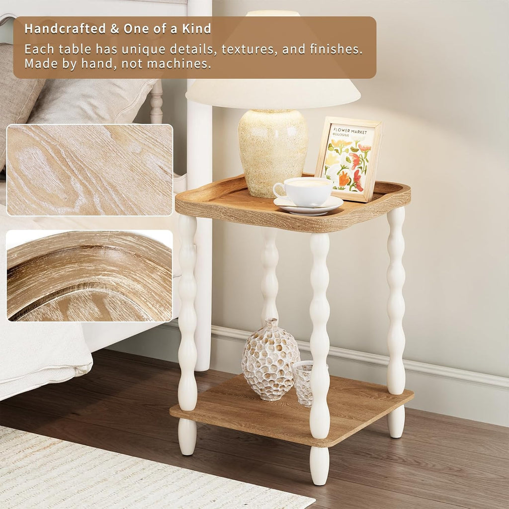 karlott End Table, 2-Tier Farmhouse Side Table, 18.9'' Handcrafted Weathered Wooden Nightstand, Pine Leg, Square Arc Small End Tables for Living Room, Small Space, Bedroom, Boho, Easy Assembly, Beige