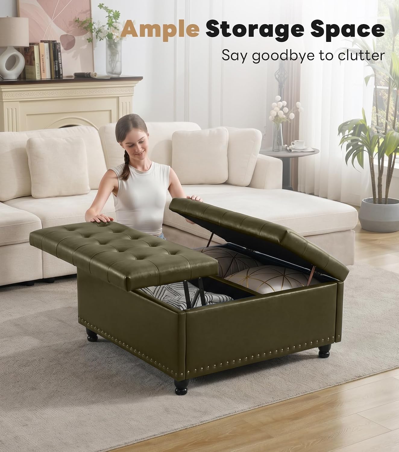 Tbfit Large Square Storage Ottoman Bench, Tufted Upholstered Coffee Table Ottoman with Lift Top & Wooden Legs, Oversized Storage Ottomans Toy Box for Living Room (Green PU)