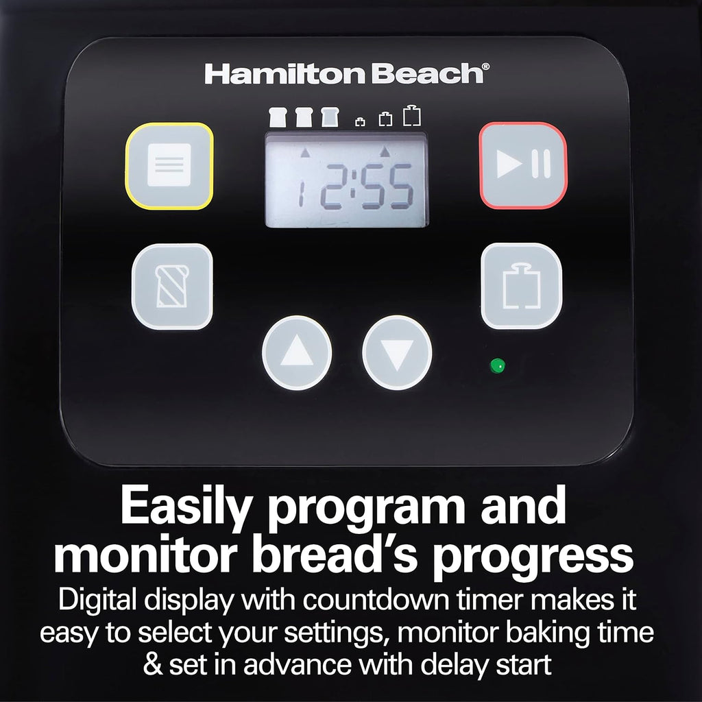 Hamilton Beach Automatic Bread Maker Machine, Digital, Programmable, 12 Settings + Gluten Free, PFAS-Free Nonstick Pan + Kneading Paddle, 2 lb Capacity, Black