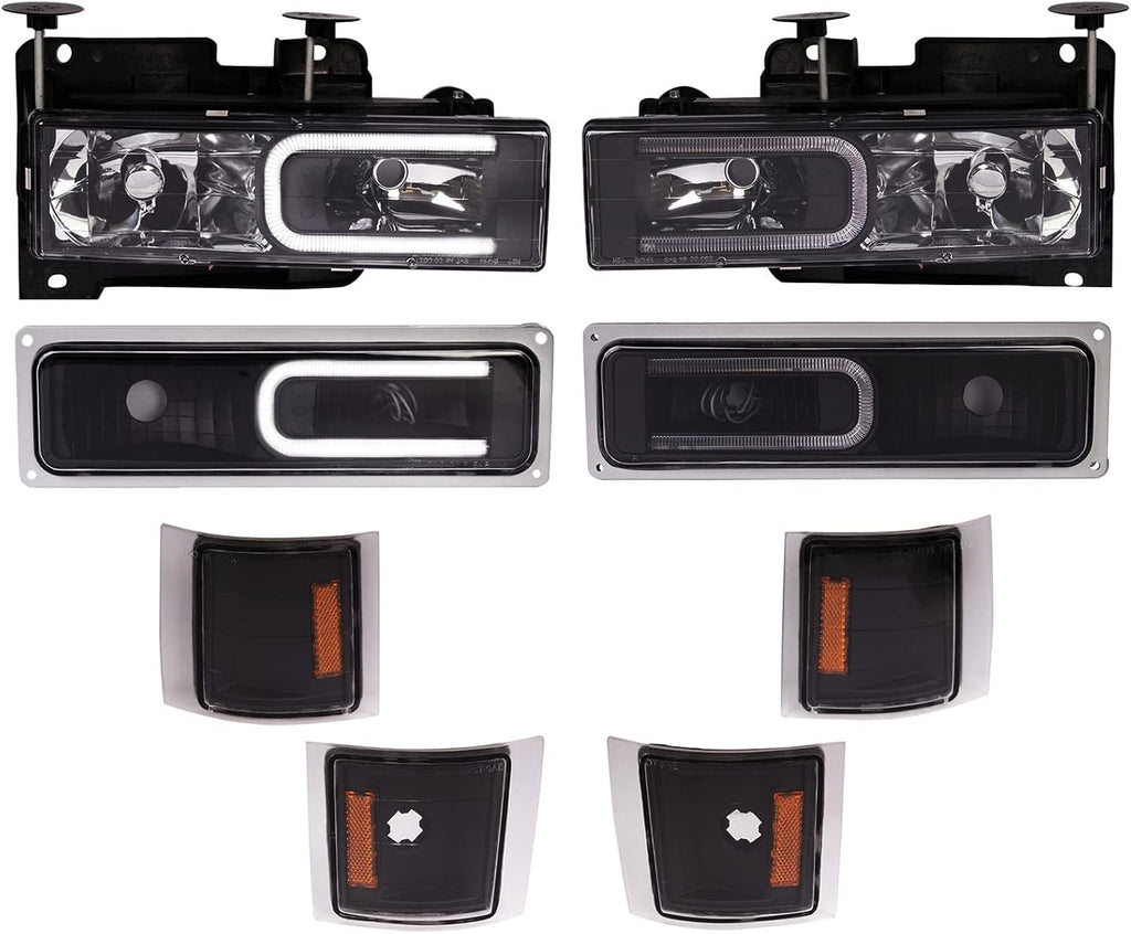 TRQ 8 Piece Front Light Set Lower Marker Lights Parking Lights Upper Reflectors Set LED C Light Bar Driver & Passenger Side Compatible with Chevrolet Tahoe C1500 C2500 C3500 K1500 K2500 K3500 94-99