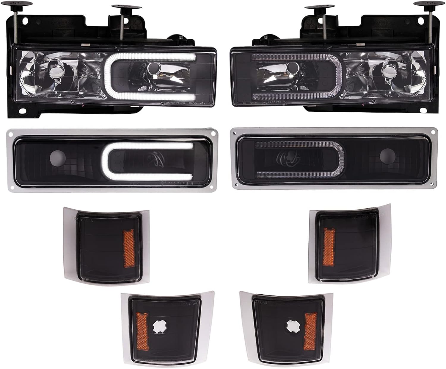 TRQ 8 Piece Front Light Set Lower Marker Lights Parking Lights Upper Reflectors Set LED C Light Bar Driver & Passenger Side Compatible with Chevrolet Tahoe C1500 C2500 C3500 K1500 K2500 K3500 94-99