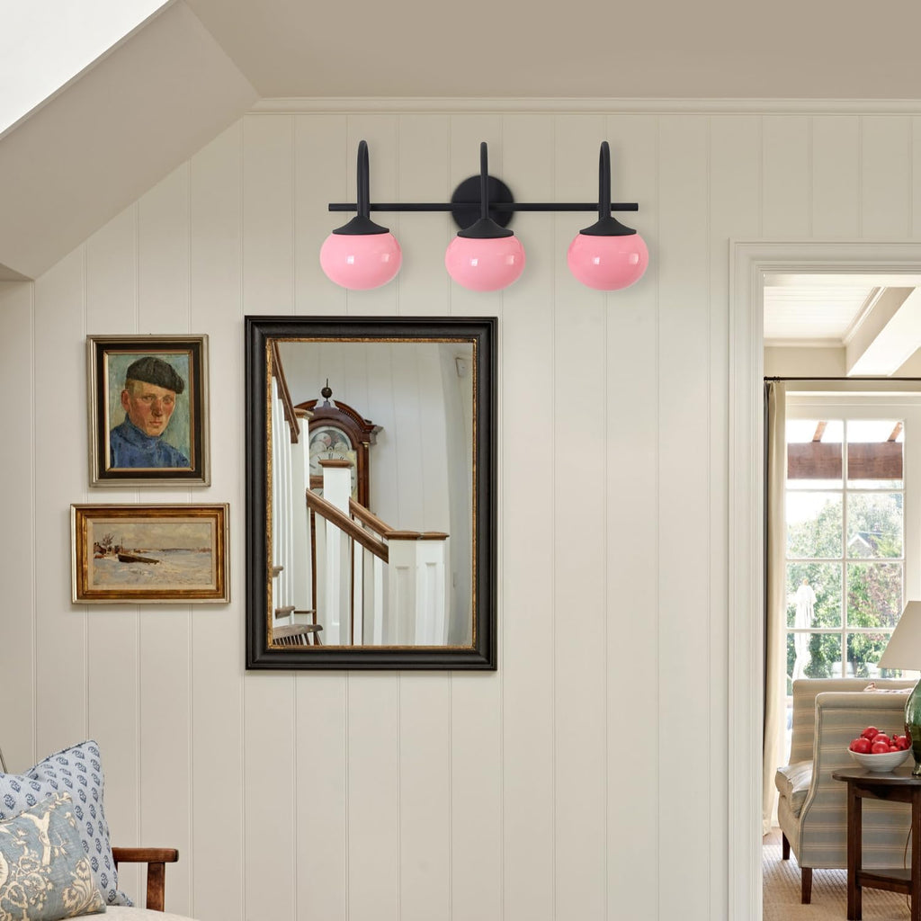 BOKT Black 3-Light Vanity Light Vintage Bathroom Lighting Fixture Over Mirror Industrial Bathroom Vanity Light with Pink Glass Lampshade Modern Long Restroom Light