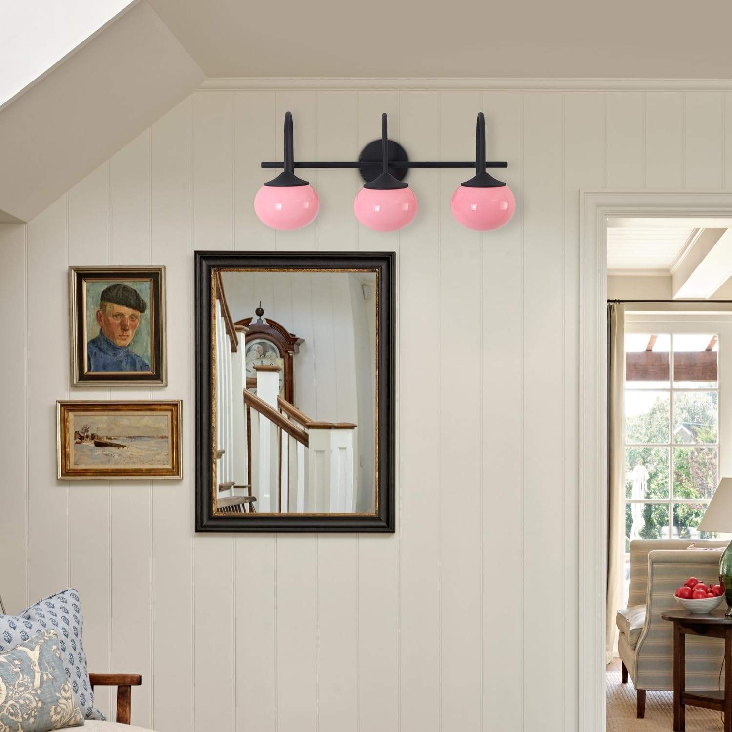 BOKT Black 3-Light Vanity Light Vintage Bathroom Lighting Fixture Over Mirror Industrial Bathroom Vanity Light with Pink Glass Lampshade Modern Long Restroom Light