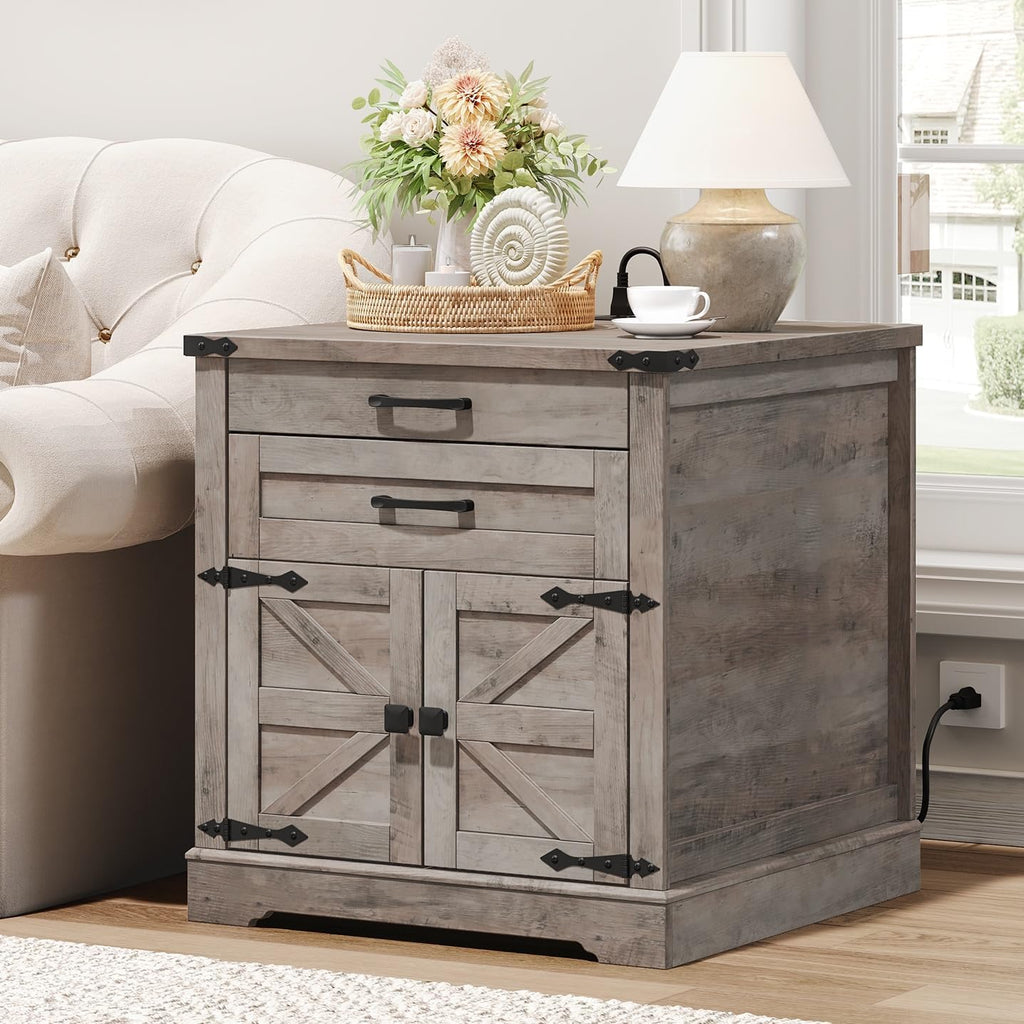RALGEND Farmhouse End Table Set of 2, 24'' Sofa Side Table with 2 Drawers and Barn Door, Large Rustic Wooden Square Nightstand for Bedroom, Living Room, Greige