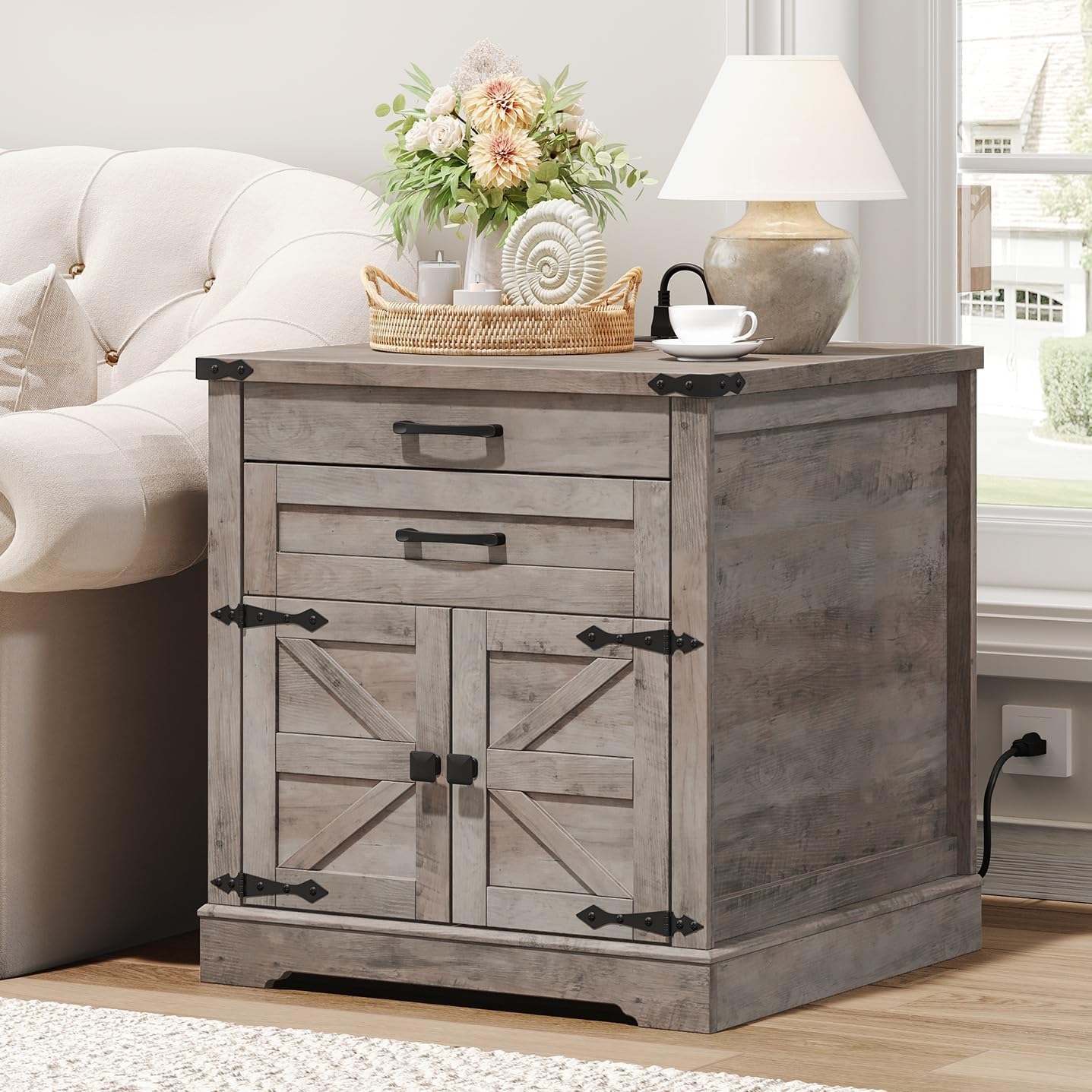RALGEND Farmhouse End Table Set of 2, 24'' Sofa Side Table with 2 Drawers and Barn Door, Large Rustic Wooden Square Nightstand for Bedroom, Living Room, Greige