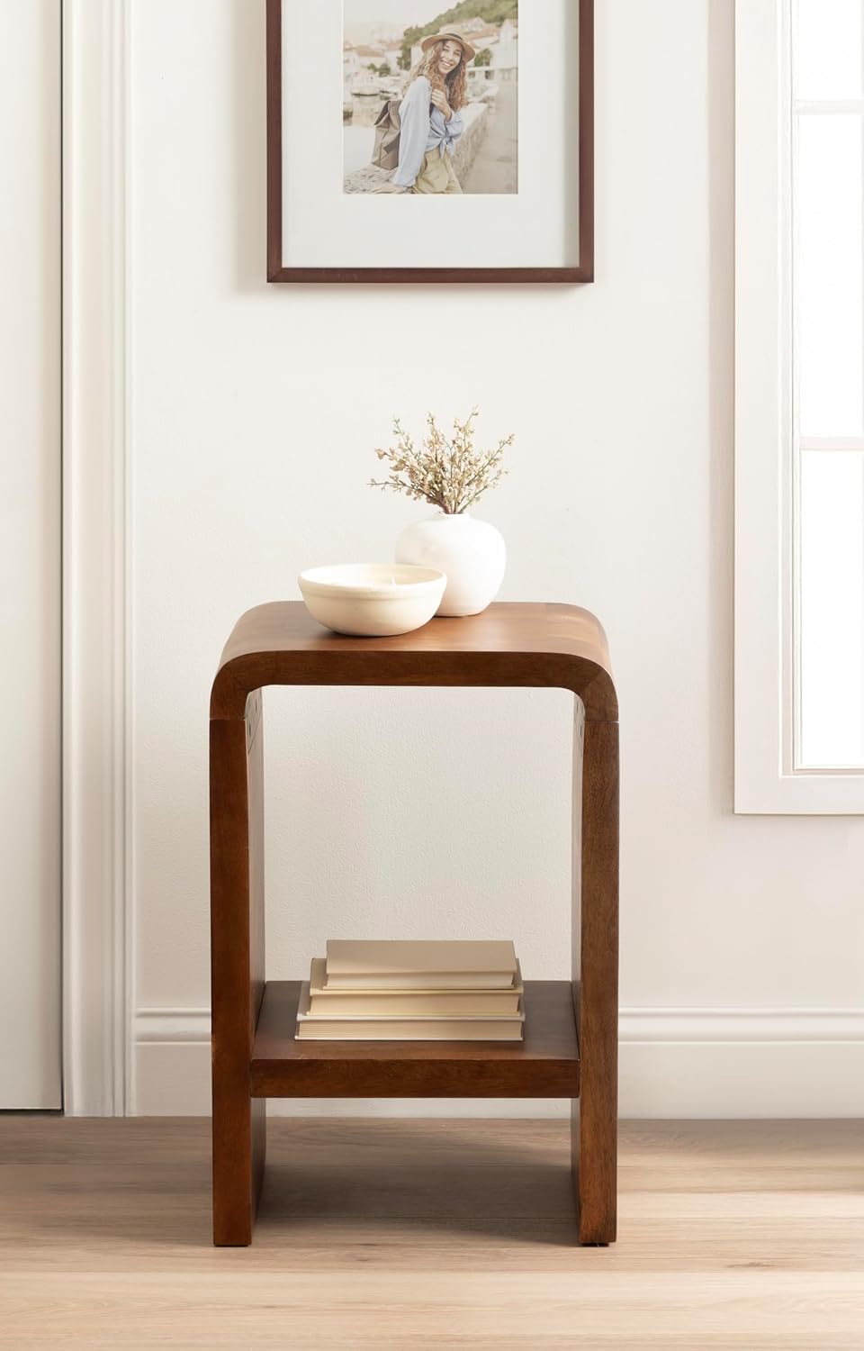 Kate and Laurel Reddy Modern Arched Wood Side Table, 16 x 12 x 24, Walnut Brown, Transitional Two-Tier End Table for Use as a Bedroom Nightstand or Small Record Player Stand