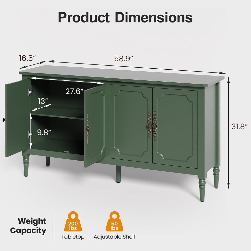 RoyalCraft Buffet Cabinet with Storage, 59' Vintage Sideboard with Adjustable Shelves, Mid Century Modern Painted Credenza Coffee Bar for Kitchen, Dining Room, Entryway, Living Room, Forest Green