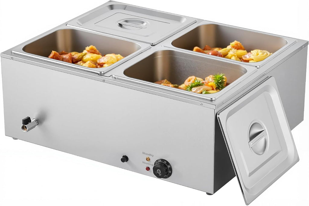 VEVOR Commercial Food Warmer, 1500W Electric Stainless Steel Steam Food Warmer with Lid, 4-Pan Fast Heating Countertop Buffet Bain Marie with Soup & Perforated Ladles, for Catering, Restaurant, Party