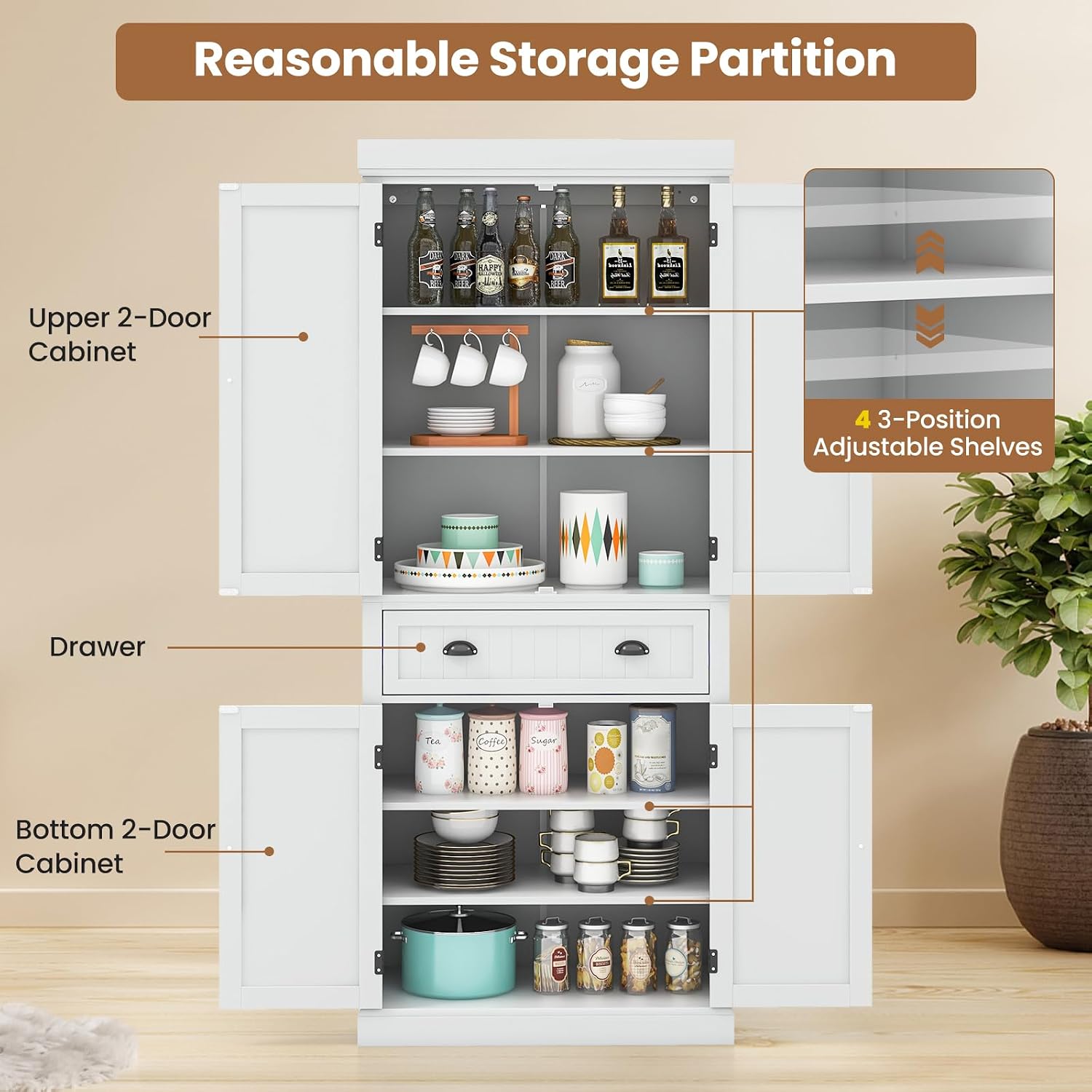 Giantex Pantry Organizers and Storage, 72' Tall Kitchen Cabinet with 2-Door Cabinets & Drawer, Buffet Sideboard w/Adjustable Shelves, Wooden Freestanding Cupboard for Dining Room Living Room (White)