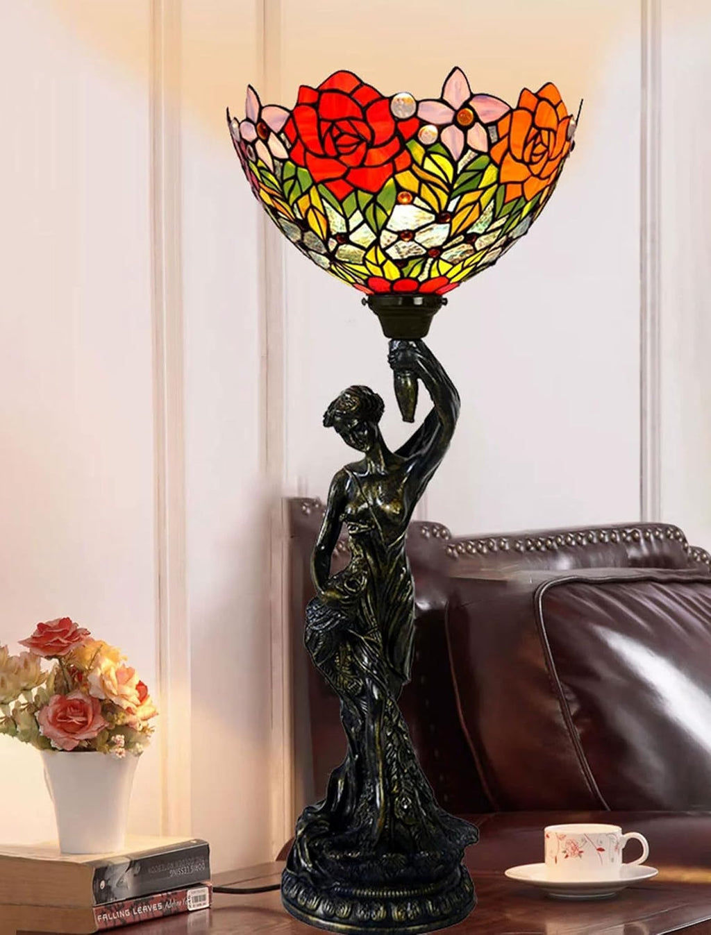 14' Tulip Rose Lamp Shade Replacement Only Tiffany Stained Glass Lampshades, Vintage Handmade Red Blue Pink Orange Flower Green Leaves Light Cover Accessories Table Lamp Floor Lamp,Rose