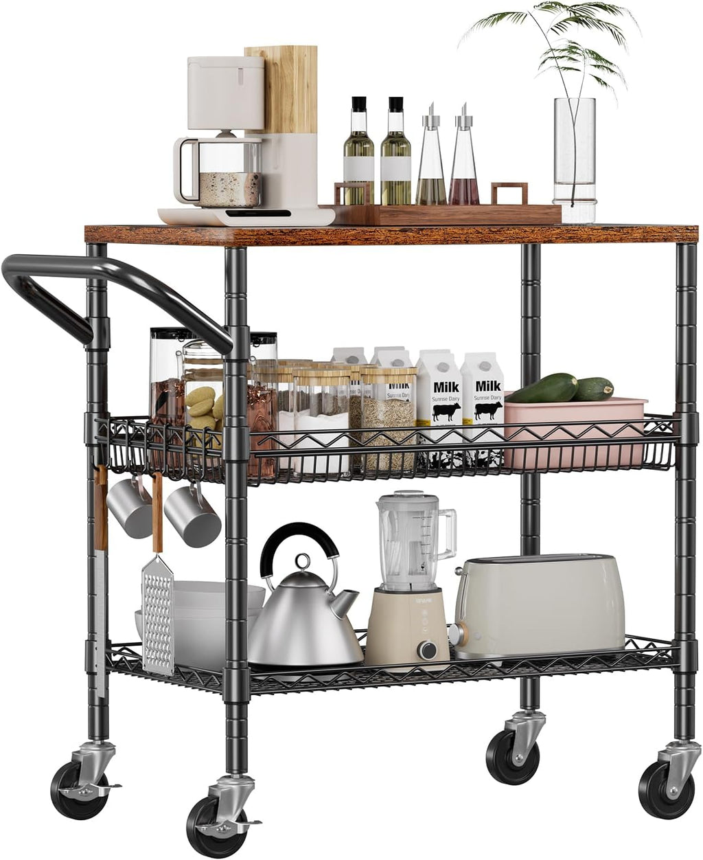 WDT 3 Tier Rolling Carts with Wheels, Heavy Duty Rolling Utility Cart with Wood Tabletop, Commercial Grade Metal Cart with Handle and Hooks, NSF Storage Serving Carts for Kitchen Island, Wood+Metal