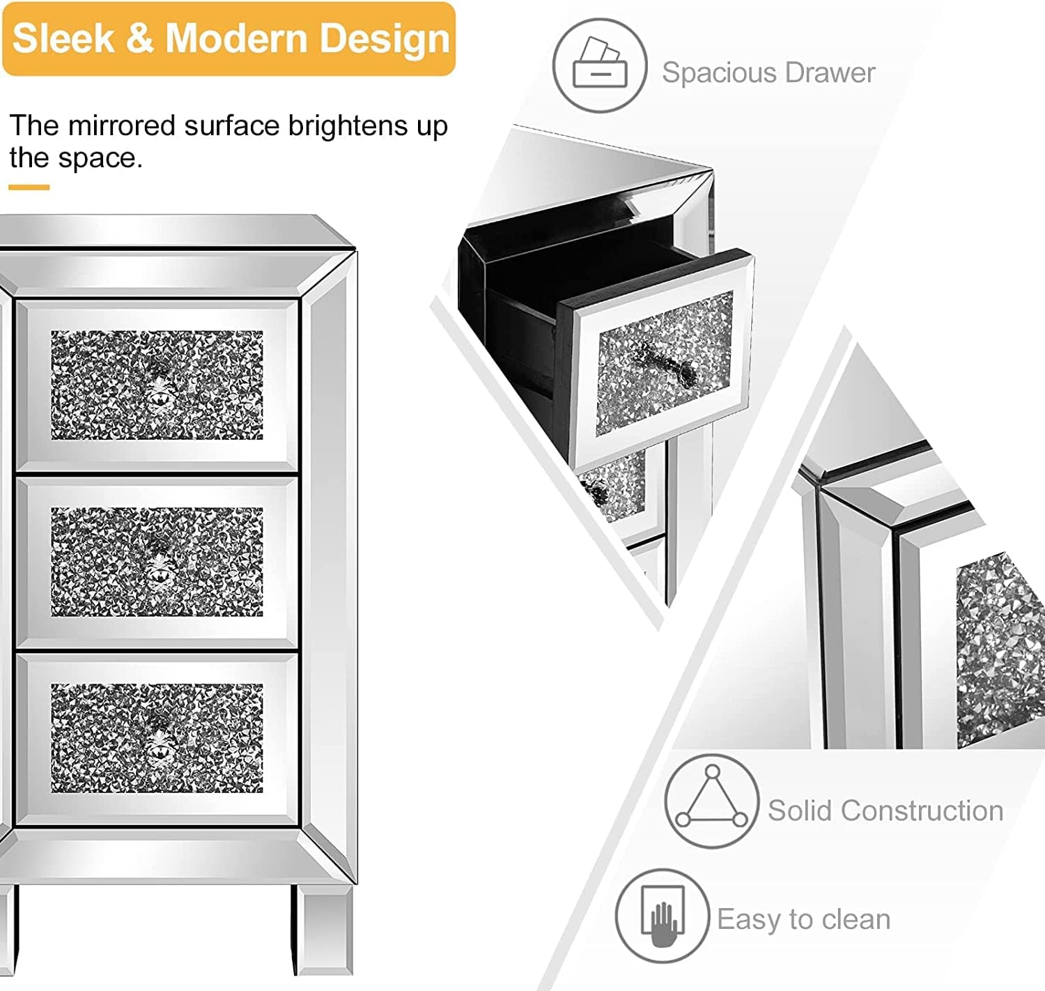 VINGLI 3-Drawer Mirrored Nightstand Bedside Table Modern Night Stands Set of 2 Glass Accent End Table, Fully Assembled, Silver