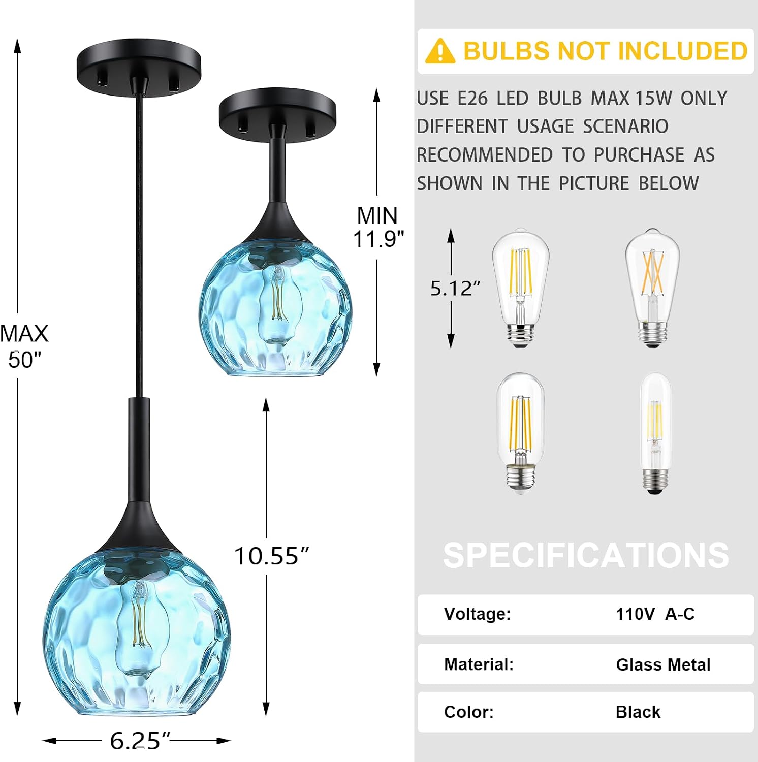 6.3' Blue Texture Glass Rod Pendant Light 3 Pack Pendant Ceiling Light Fixture Black Finish Modern Farmhouse Dinning Over Sink Adjustable Height Cord