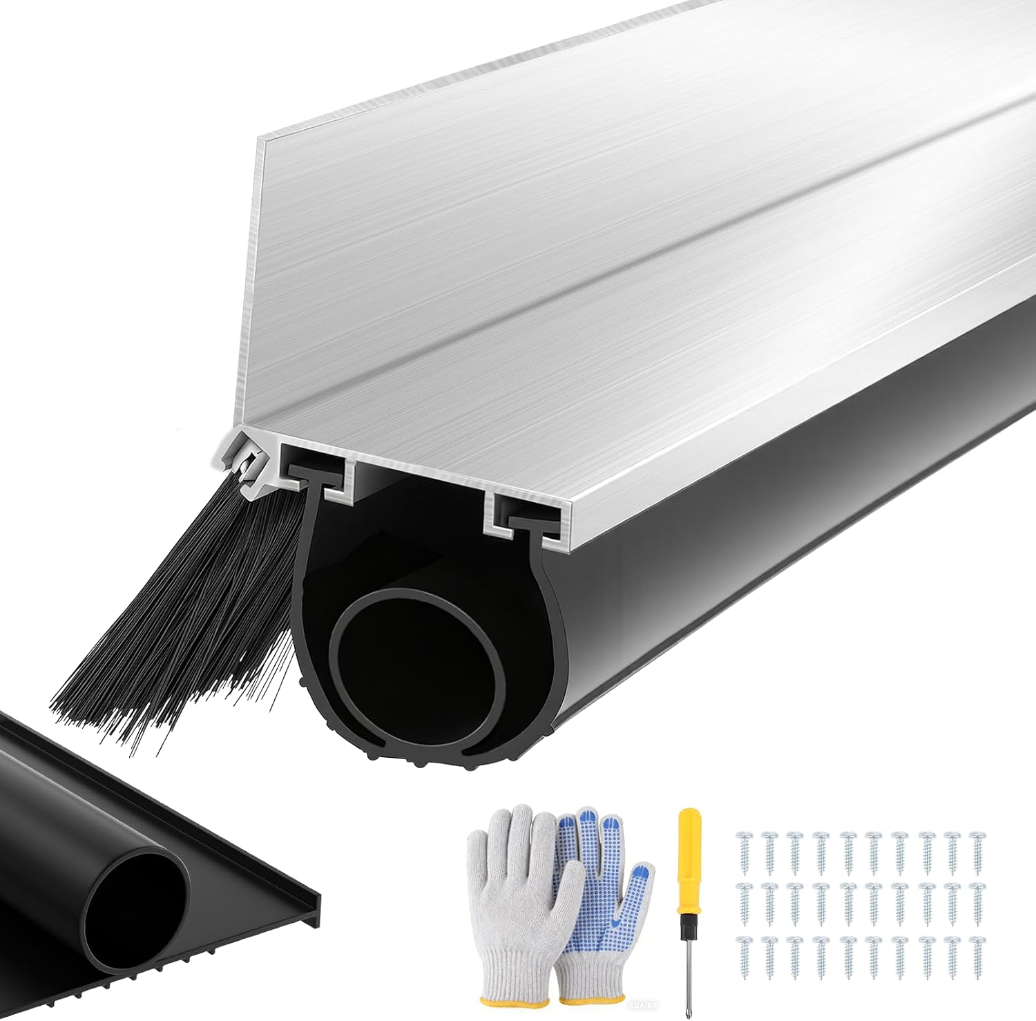 20FT Universal Garage Door Seals Kit，Heavy Duty EPDM U+O Bottom Rubber Weatherproof Seal & Brush with Pre-drilled Aluminum Track，Universal Replacement Stops Rain, Drafts & Pests