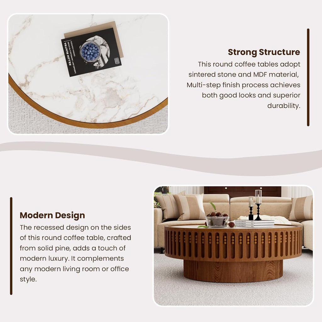 Round Wooden Coffee Table with Sintered Stone Tabletop 35.43' Modern Drum Coffee Table Unique Fluted Center Table for Living Room Office Cafe (35.4' Sintered Stone Tabletop)