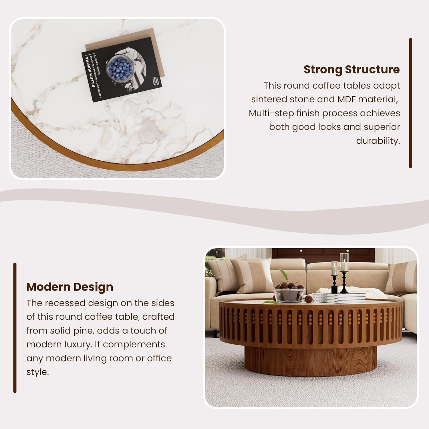 Round Wooden Coffee Table with Sintered Stone Tabletop 35.43' Modern Drum Coffee Table Unique Fluted Center Table for Living Room Office Cafe (35.4' Sintered Stone Tabletop)