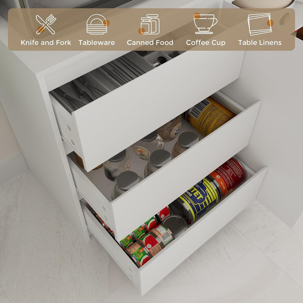 Bobve Large Kitchen Hutch Cabinet with Microwave Stand, Storage Cupboard Pantry with 3-Tier External Shelves and 3 Drawers, Ktichen Food Pantry with Open Countertop for Dining Room, White