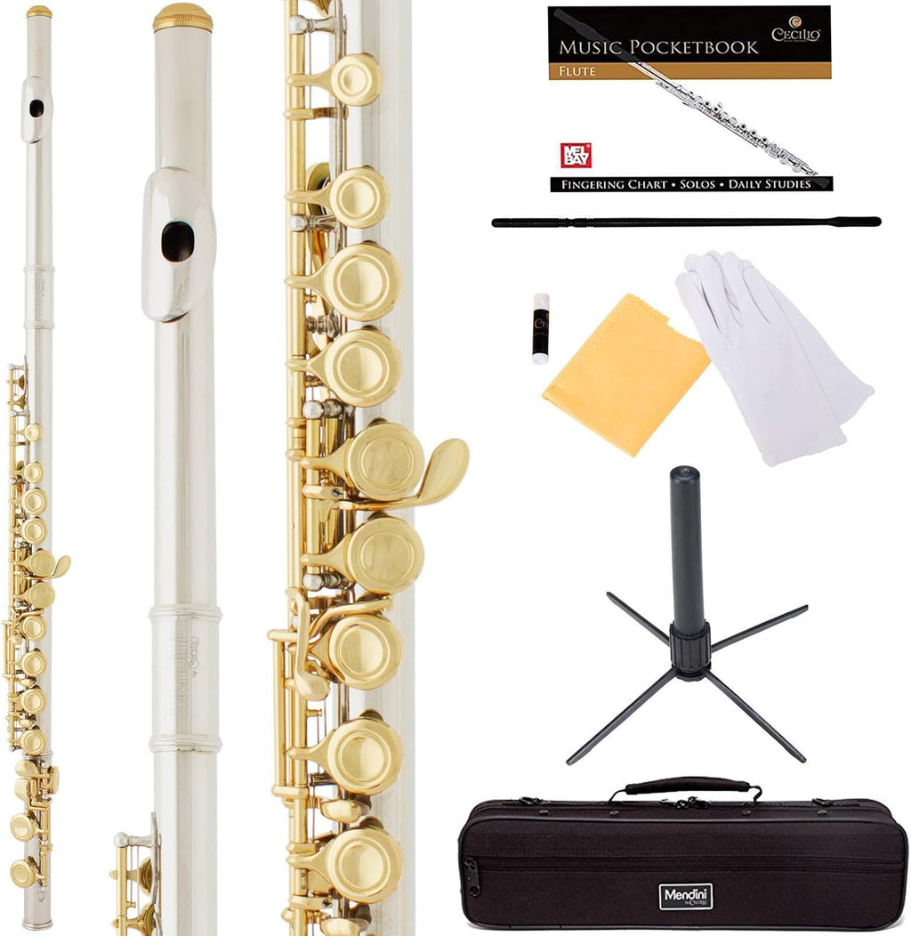 Mendini By Cecilio Flute, 16 Keys Closed Hole C Flute Instrument For Beginners with Carrying Case, Cork Grease, Stand, Lesson Book, Cleaning Kit, Gloves (Gold)