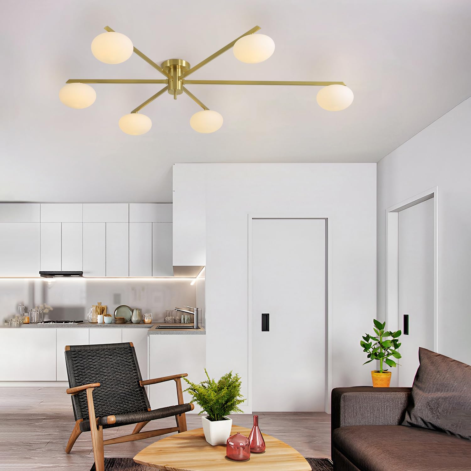 6-Lights Gold Sputnik Chandelier Modern Ceiling Light Fixtures Retro Glass Ceiling Lamp Industrial Semi Flush Mount Lights for Kitchen Living Room Dining Room MCL01-6 GD