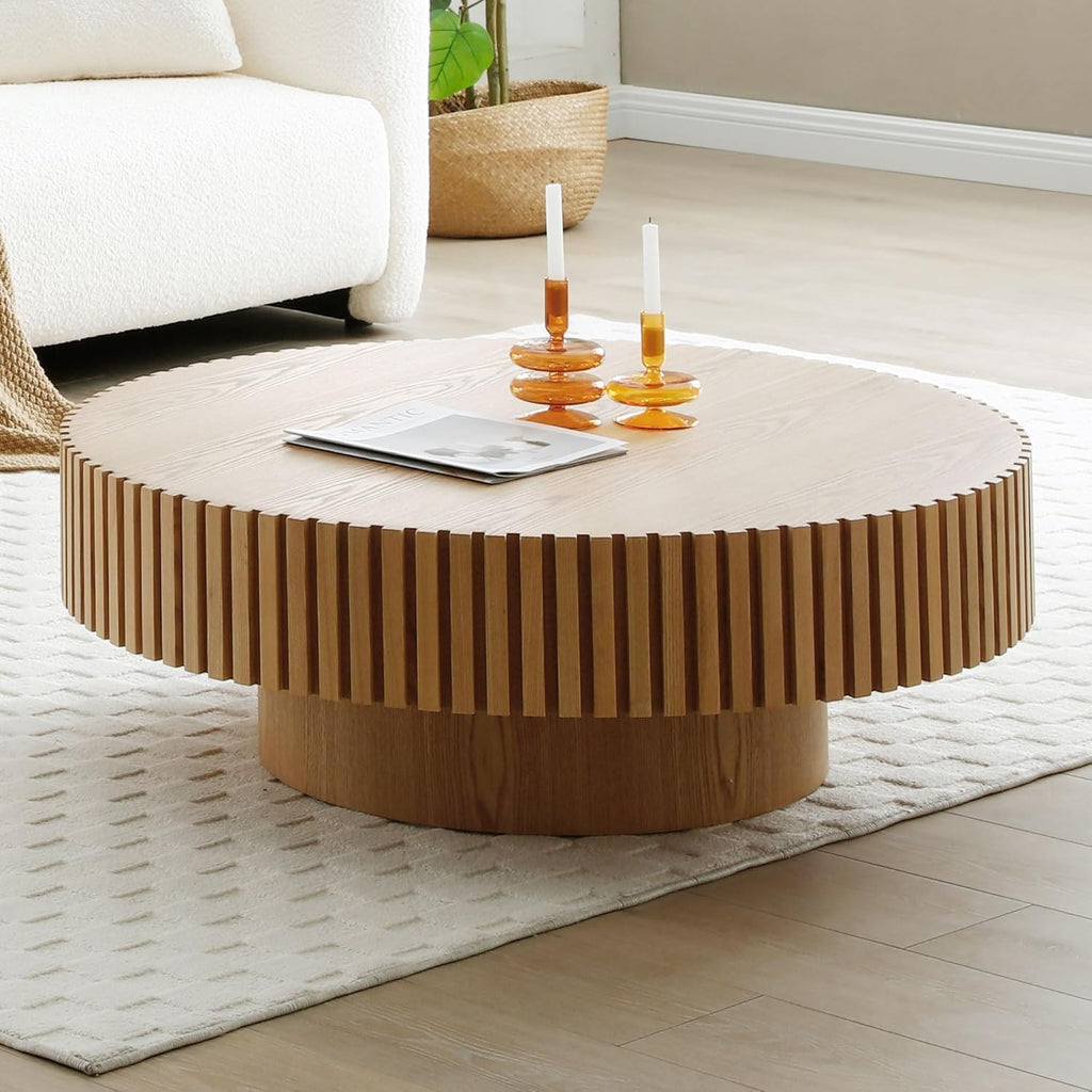 ø39.37'' Oak Round Coffee Table for Living Room Circle Coffee Table Contemporary Wood Coffee Table with Pedestal, Easy Assembly
