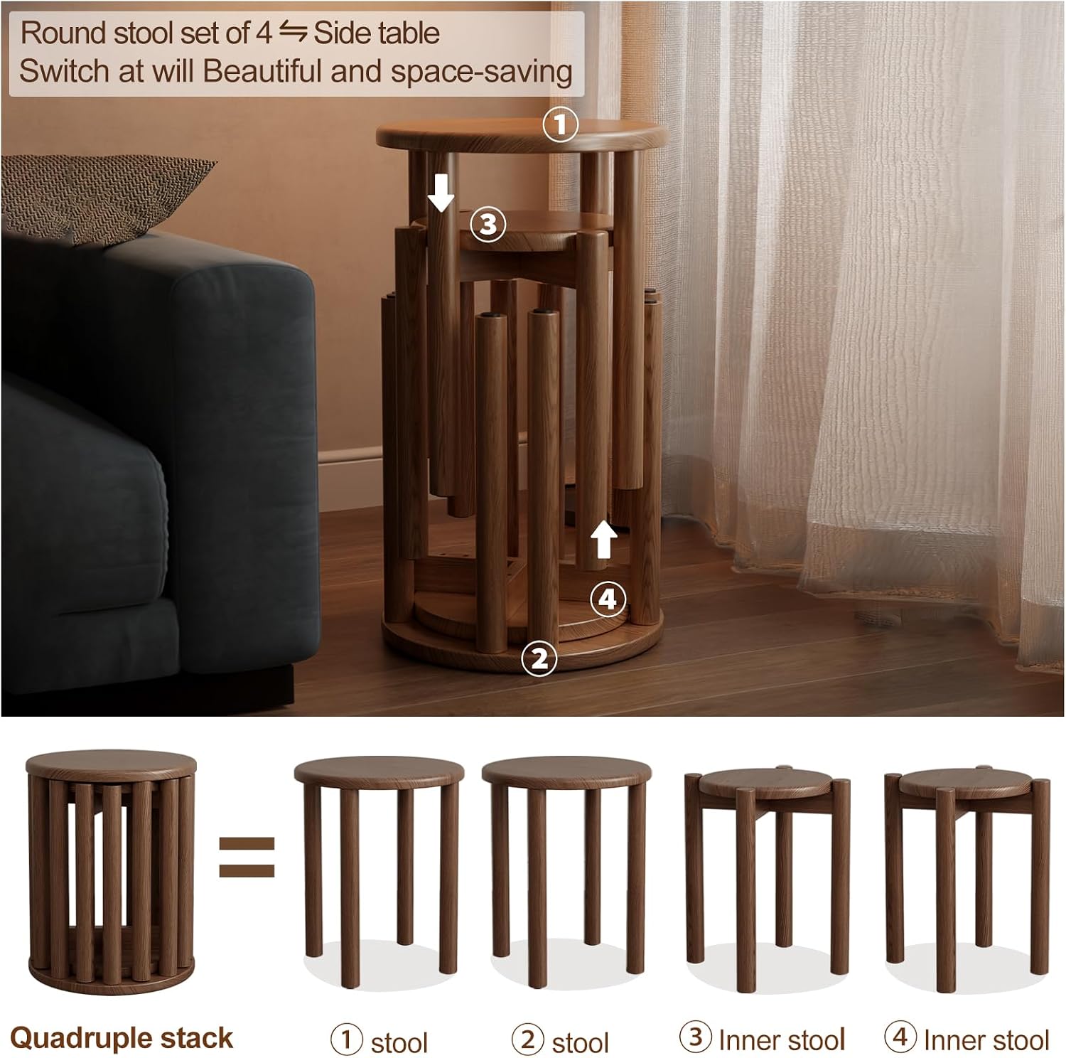 Solid Wood Stackable Stools Set of 4, 100% Wooden Stool No Installation Required Walnut Side Table Multifunctional Space Saving 18 Inch Round Stool Modular Interlocking Coffe Table for Living Room
