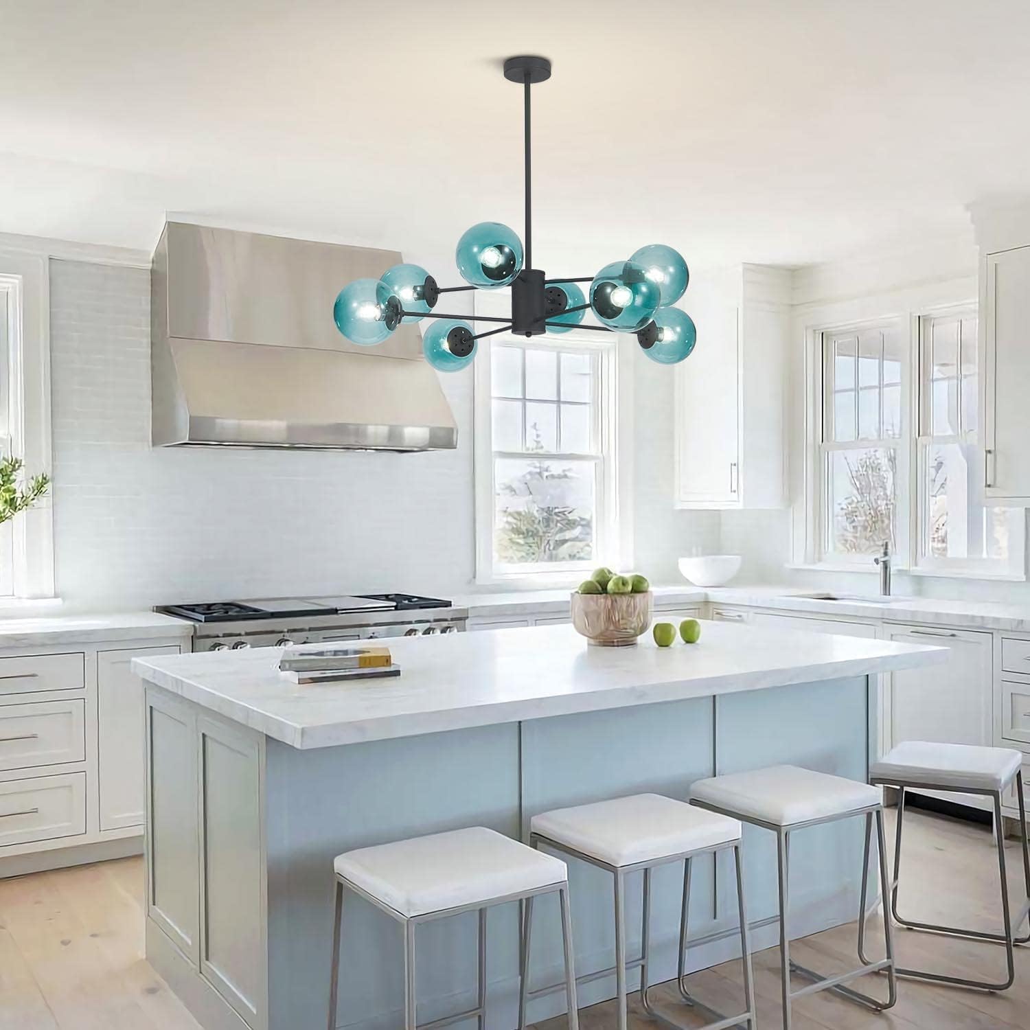 Glass Globe Chandelier Mid Century Modern Pendant Lights Black Ceiling Hanging Light Fixture with Blue Glass Shade Sputnik Chandeliers for Kitchen Island Living Dining Bedroom (Blue)