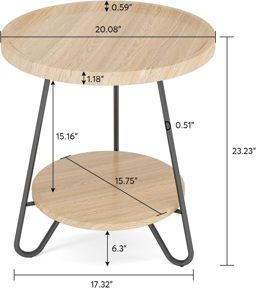 Tribesigns Set of 2 Round Side Table, 2-Tier End Table with Metal Legs, Modern Industrial Beside Table, Small Accent Table Snack Table for Living Room, Bedroom, Small Space, Wood Color