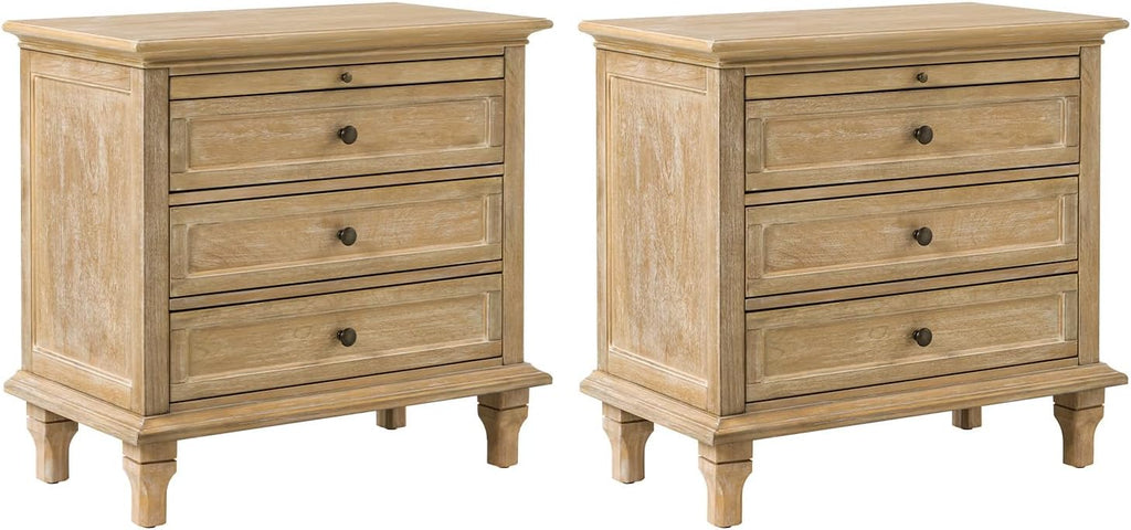 HULALA HOME Farmhouse 3 Drawer End Table with Tray, Drawer Organizer with Solid Wood Legs, End Table with Charging Station（Natural, Set of 2）