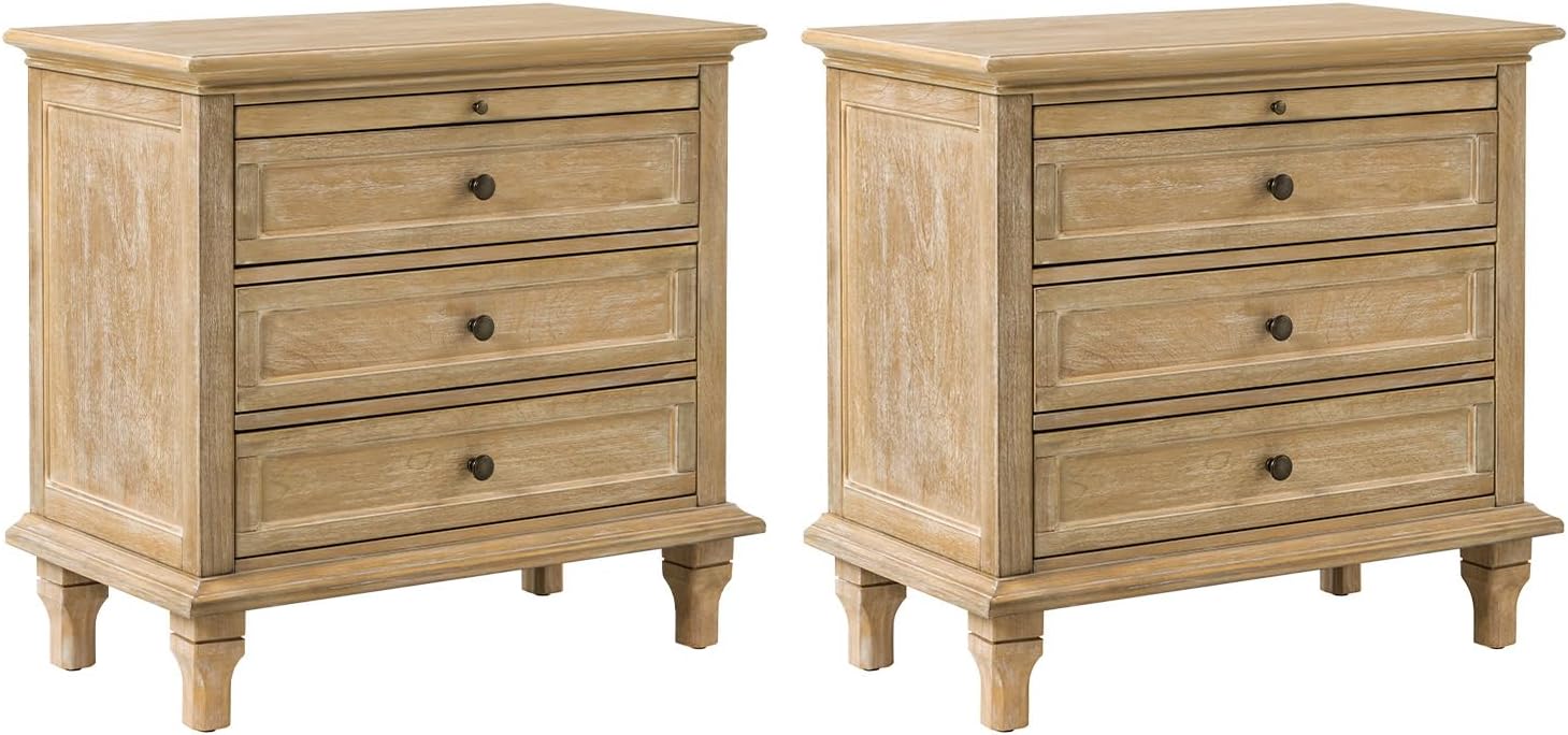 HULALA HOME Farmhouse 3 Drawer End Table with Tray, Drawer Organizer with Solid Wood Legs, End Table with Charging Station（Natural, Set of 2）