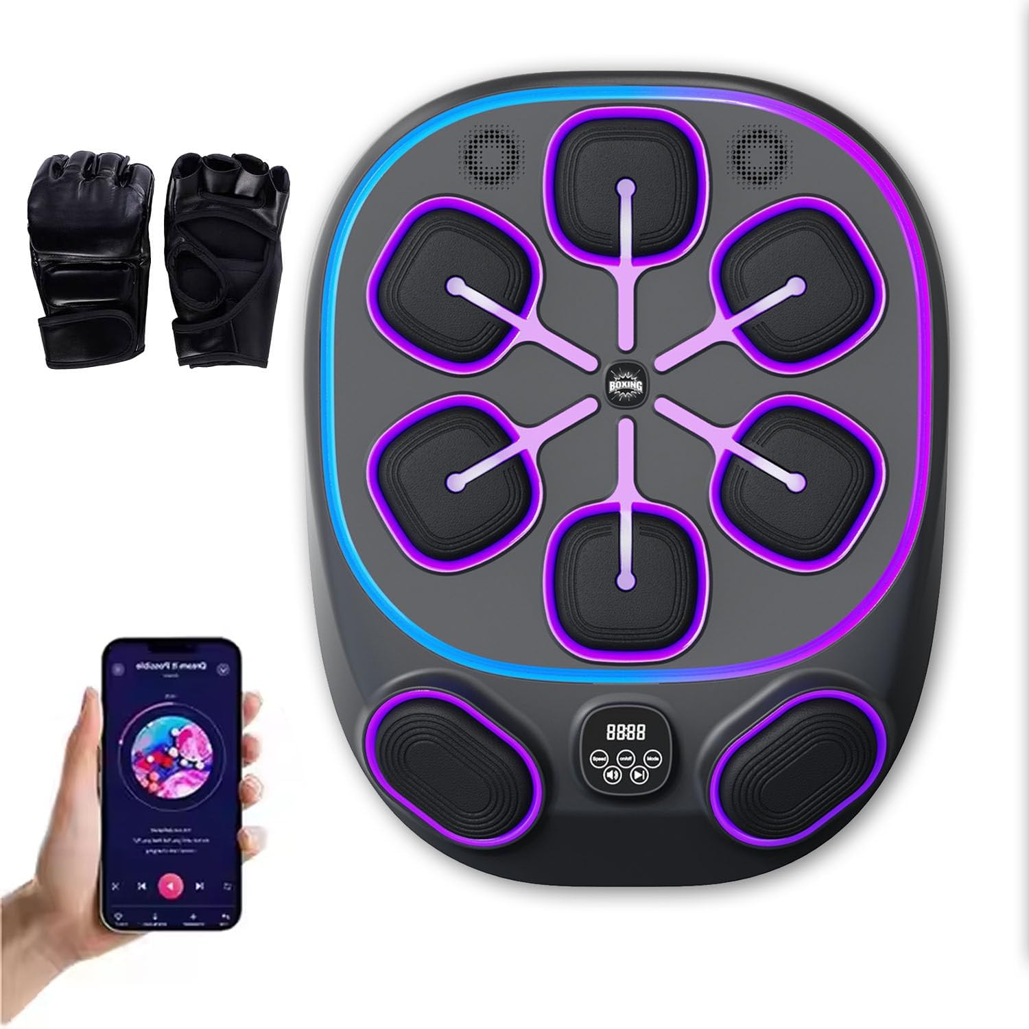 Upgraded Music Boxing Machine, 24''×19' Wall Mounted Punching Bag with 8 Target Zones, Smartphone Sync, LED Counter & Portable Design for Home Gym Training ( Includes Boxing Gloves),Halfgloves
