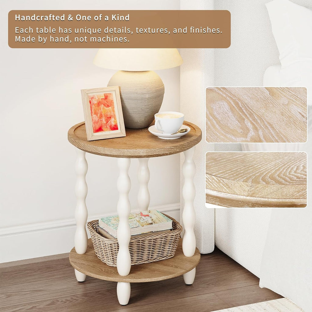 Round End Table, 2-Tier Farmhouse End Table, 18.5'' Handcrafted Weathered Look Wooden Nightstand, Pine Leg, Small Side Tables for Living Room, Small Space, Bedroom, Boho, Easy Assembly, Cream Beige