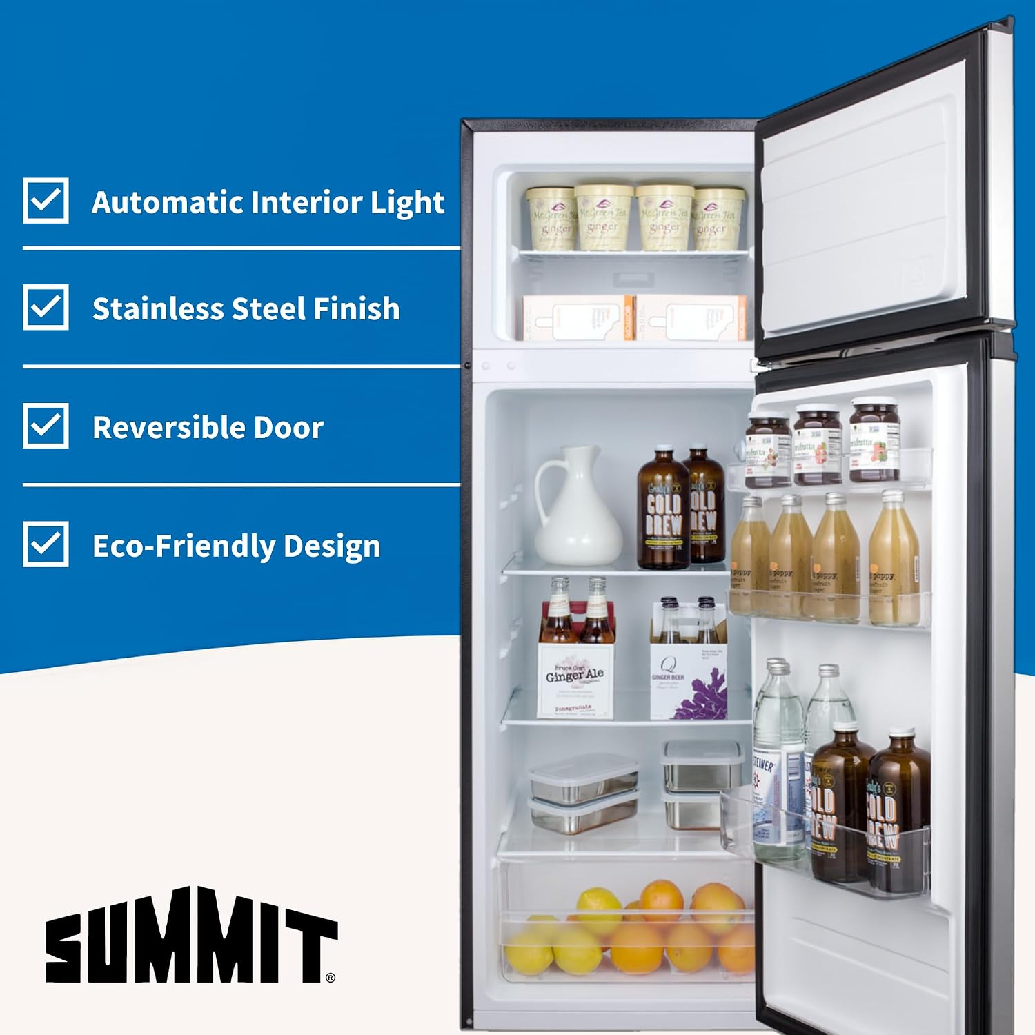 CP972SS Refrigerator-Freezer 22' Wide Refrigerator-Freezer; Cycle Defrost; 7.1 Cu.Ft.; Stainless Steel Doors; Adjustable Glass Shelves; Door Storage; Sealed Back and Black Cabinet