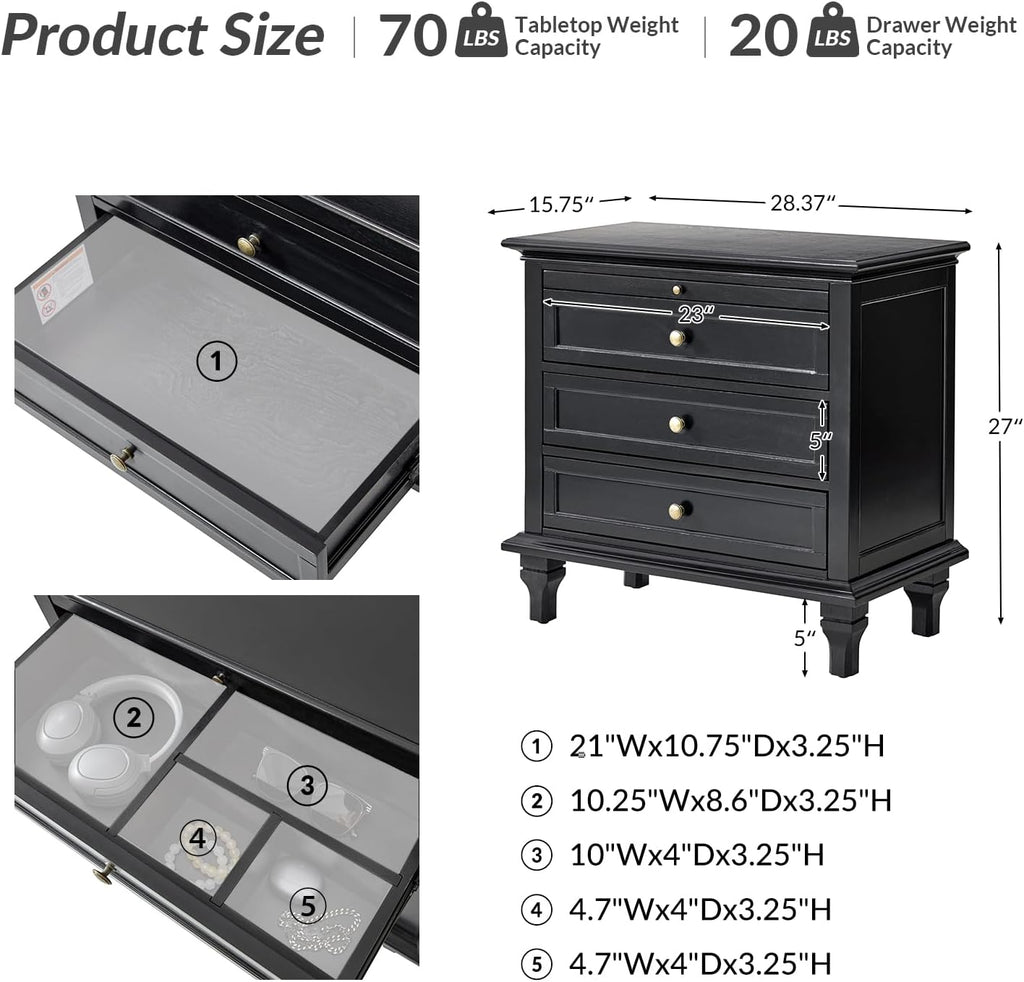 HULALA HOME Farmhouse 3 Drawer End Table with Tray, Drawer Organizer with Solid Wood Legs, End Table with Charging Station（Black, Set of 2）