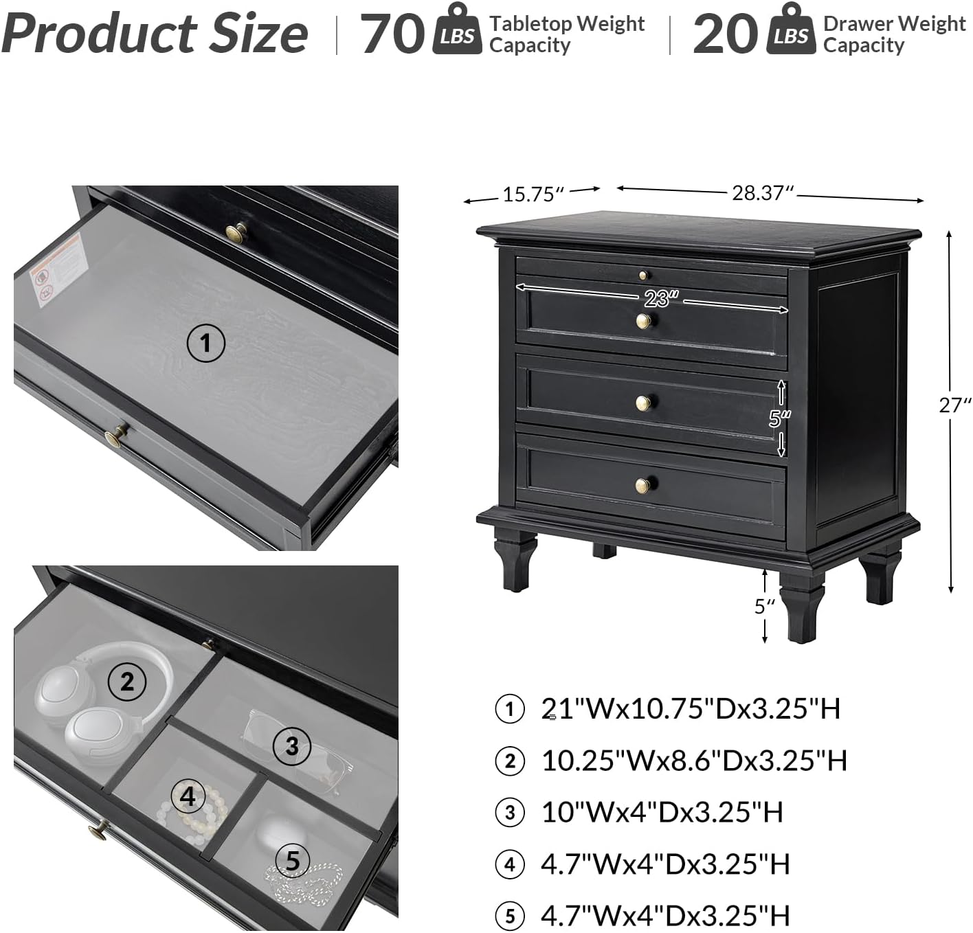 HULALA HOME Farmhouse 3 Drawer End Table with Tray, Drawer Organizer with Solid Wood Legs, End Table with Charging Station（Black, Set of 2）