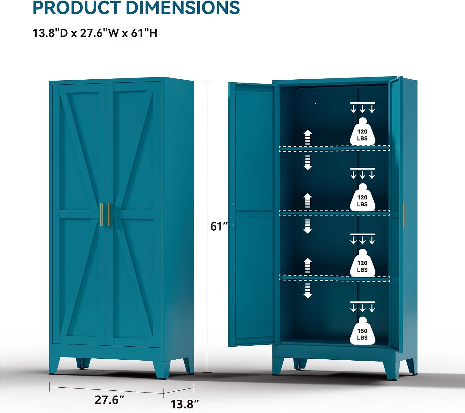 Farmhouse Pantry Cabinet with Barn Doors,61' H x 27.5' W,Metal Cabinet with Adjustable Shelves,4-Tier Storage Cabinet for Kitchen Dining Room Garage,Blue 1 Pack