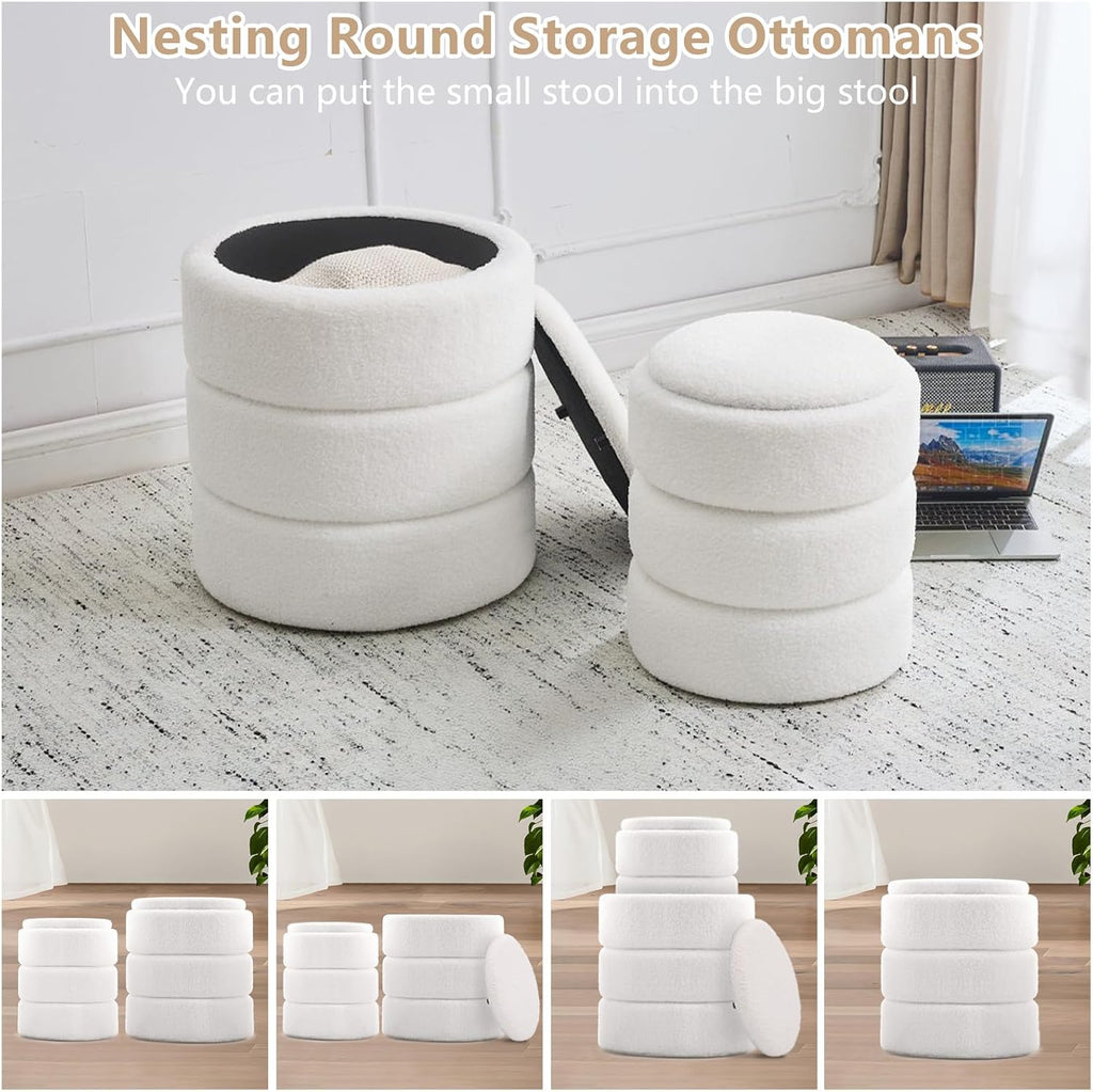 oakvivo Round Ottoman with Storage Set of 2, Soft Teddy Velvet Upholstered Foot Stool Vanity Chairs, Support 330lbs Padded Seat Multifunctional Ottomans Footrest, Foot Rest for Living Room, White
