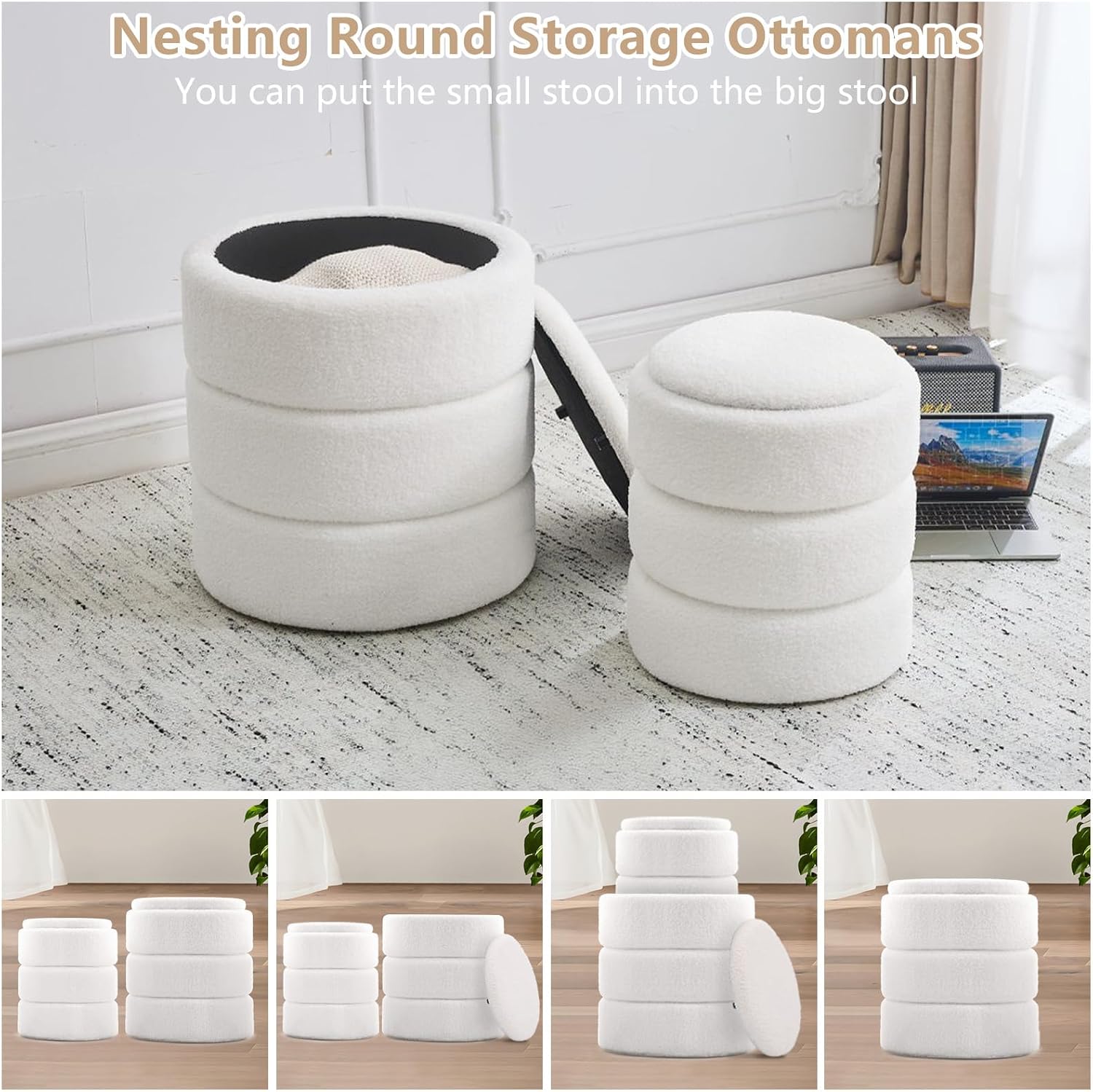 oakvivo Round Ottoman with Storage Set of 2, Soft Teddy Velvet Upholstered Foot Stool Vanity Chairs, Support 330lbs Padded Seat Multifunctional Ottomans Footrest, Foot Rest for Living Room, White