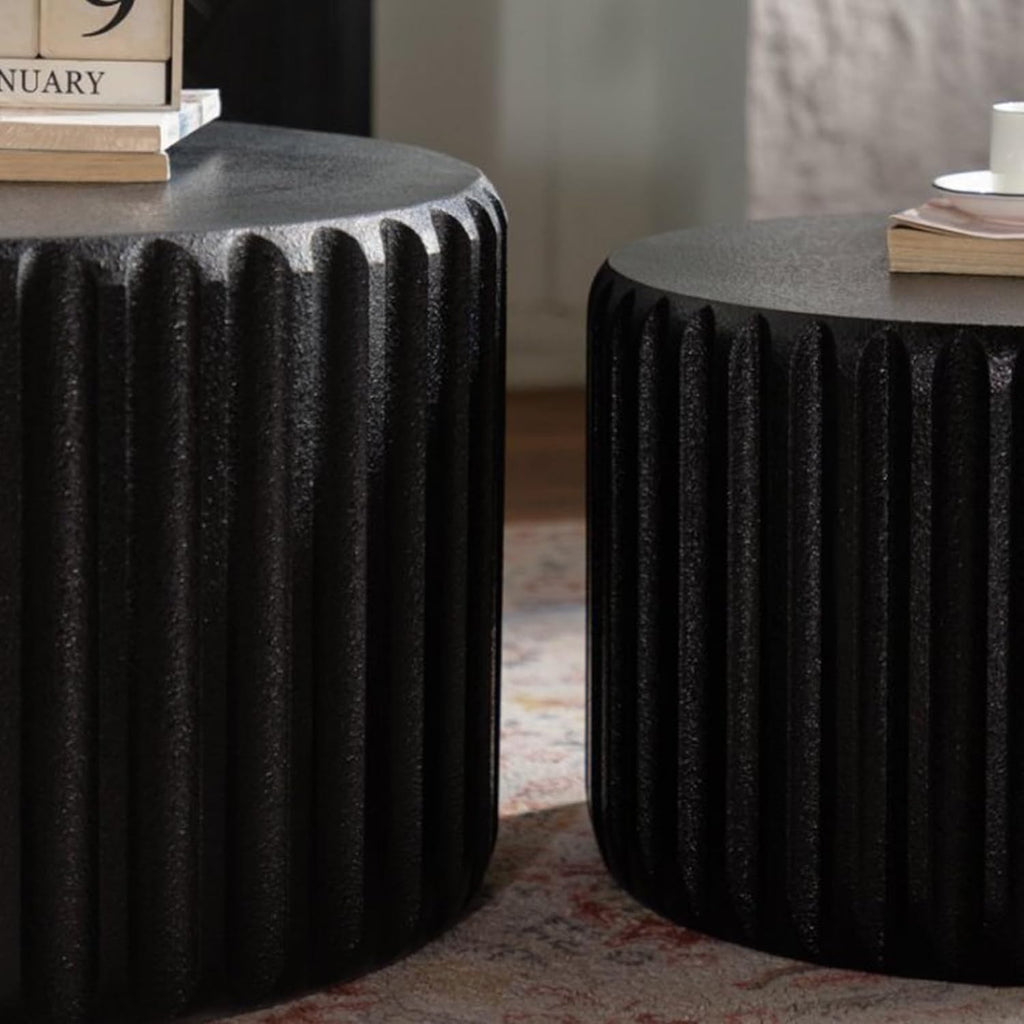 WILLIAMSPACE 46.46' Round Nesting Coffee Table Set of 2, Modern Circle Drum Center Tables Curved-Edge Shape Tea Table for Living Room, No Assembly (Black)