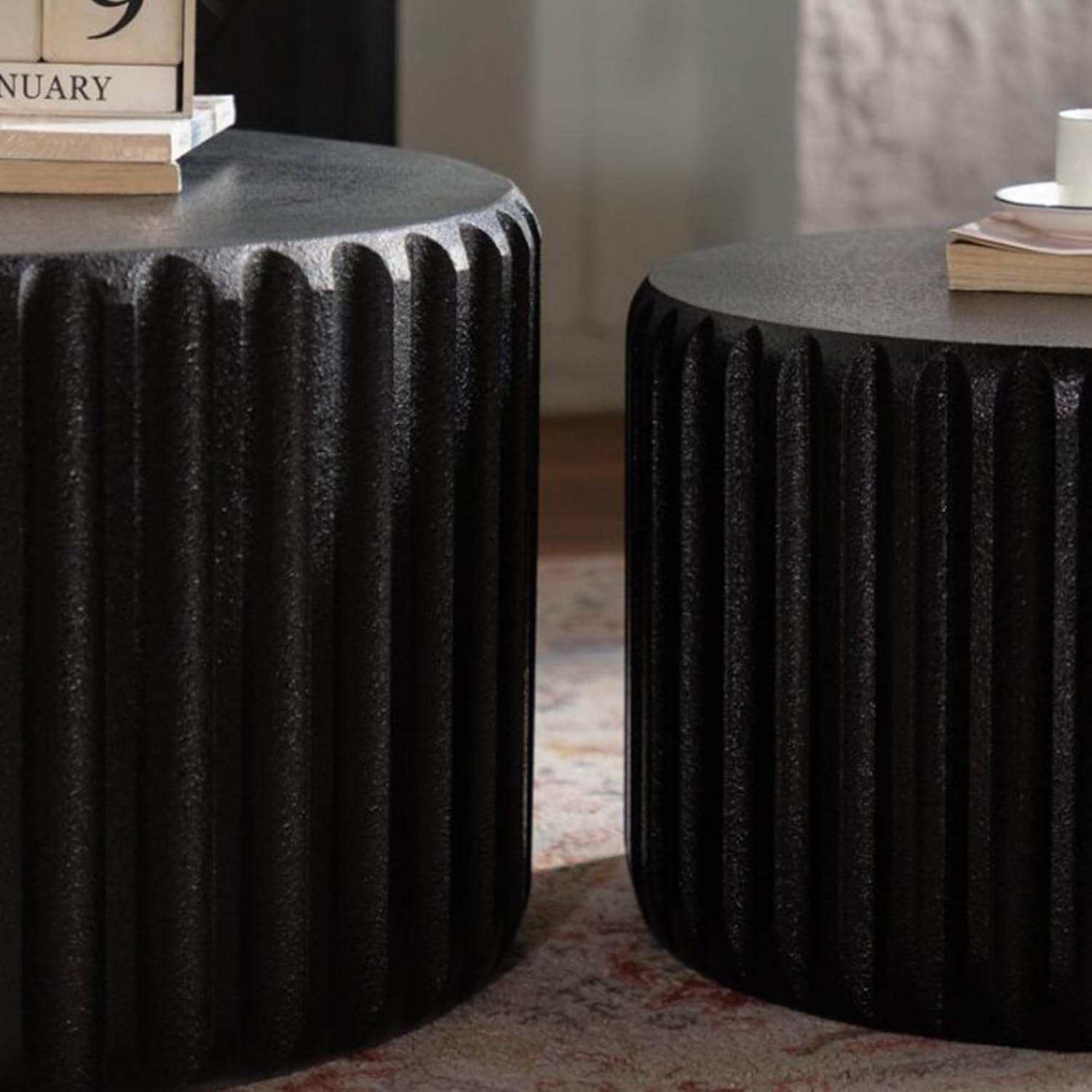 WILLIAMSPACE 46.46' Round Nesting Coffee Table Set of 2, Modern Circle Drum Center Tables Curved-Edge Shape Tea Table for Living Room, No Assembly (Black)