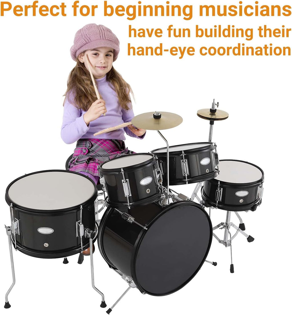 Garvee 5 Piece Drum Set – Junior Drum Kit with Dual Tom-Toms, Floor Tom, Snare & Bass Drum, Hi-Hat, Cymbal, Pedal, Drumsticks and Seat, Complete Beginner Percussion Set for Music Learning & Practice
